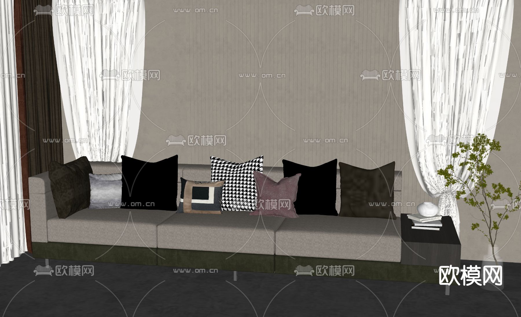 新中式多人沙发su模型下载（渲染图1）