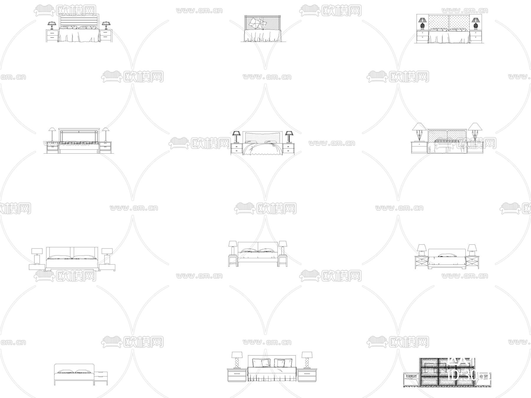 CAD床类 矩形床头 床头柜立面 侧面cad图库下载（渲染图2）