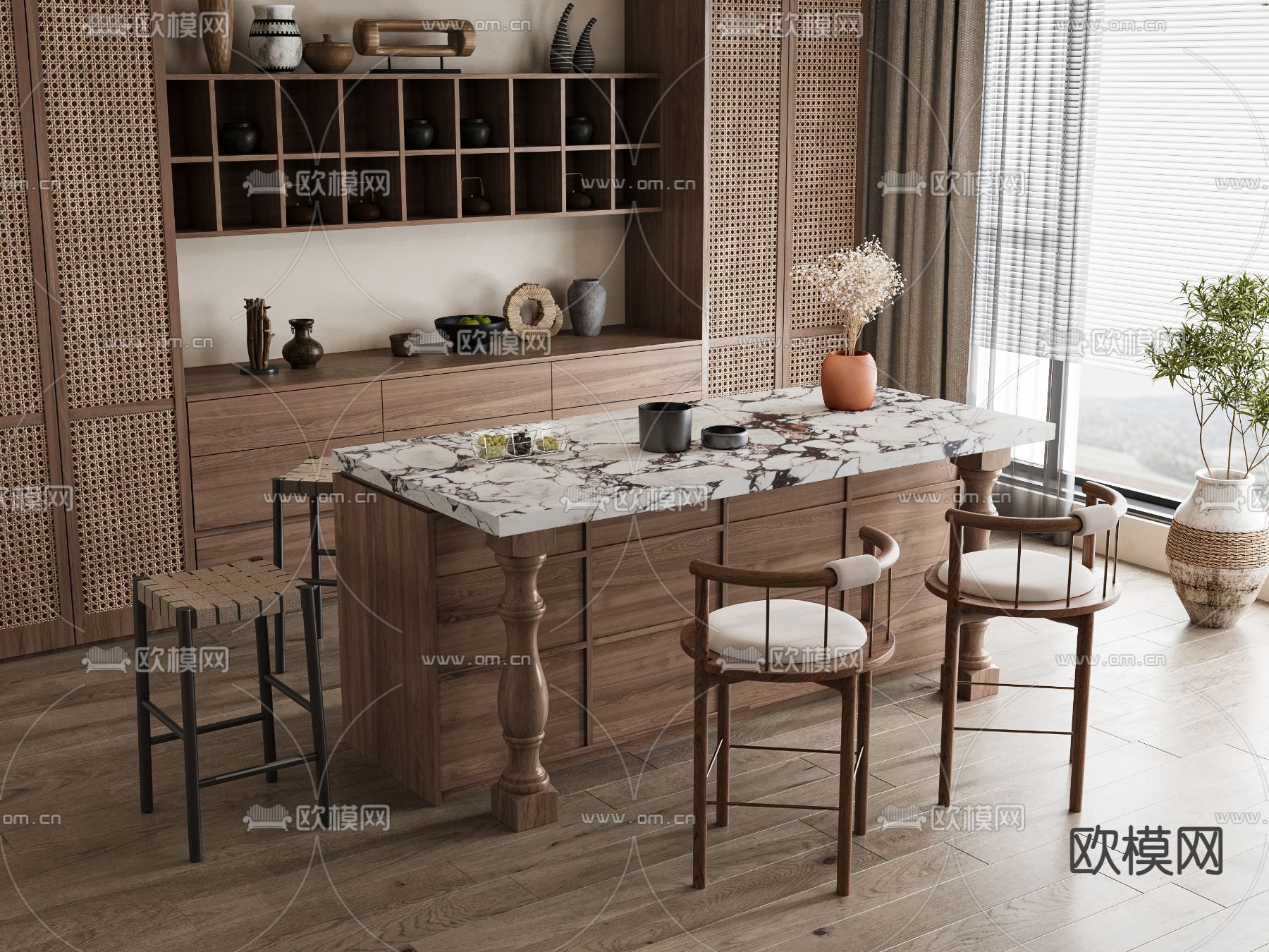 中古风吧台 吧椅3d模型下载
