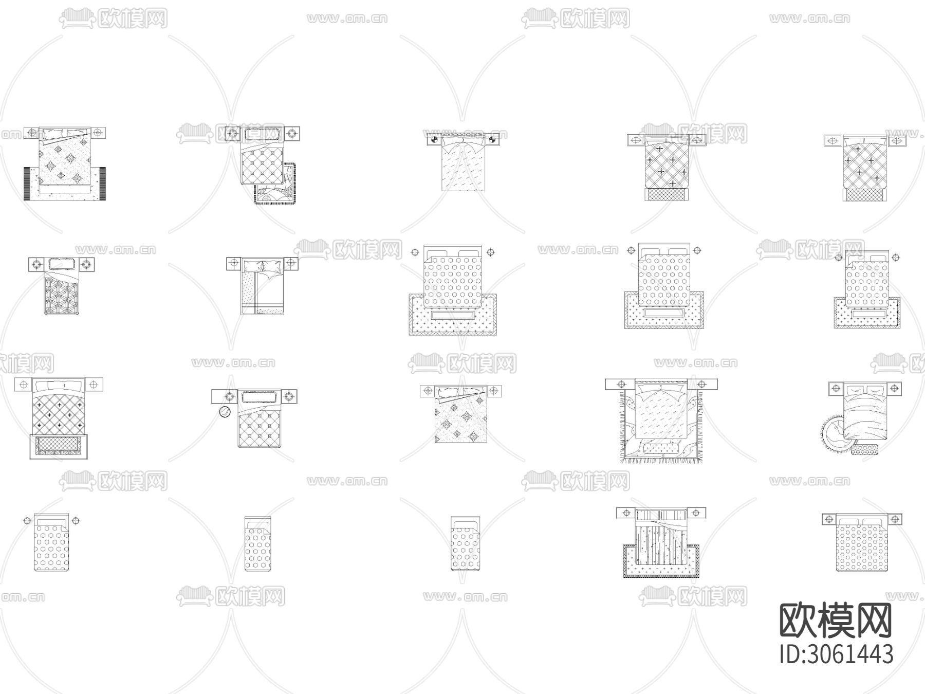 CAD床类 中式花纹床平面cad图库下载