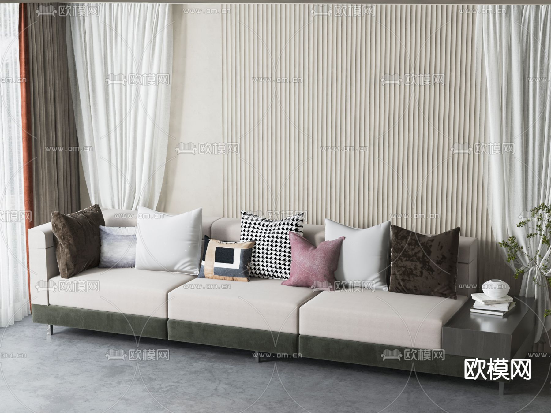 新中式多人沙发su模型下载（渲染图2）