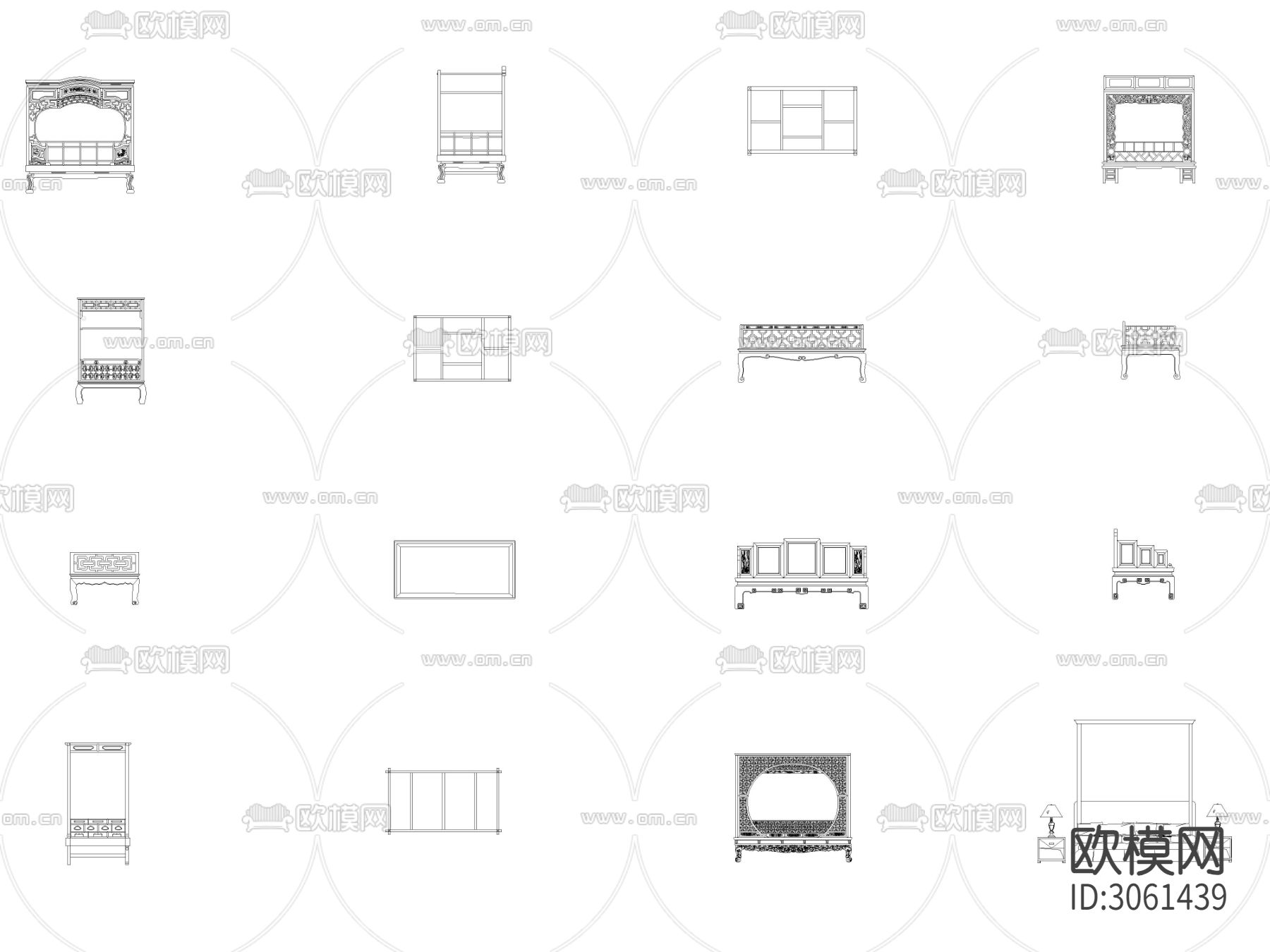 CAD床类 中式花纹床 床头柜 斗柜cad图库下载（渲染图2）