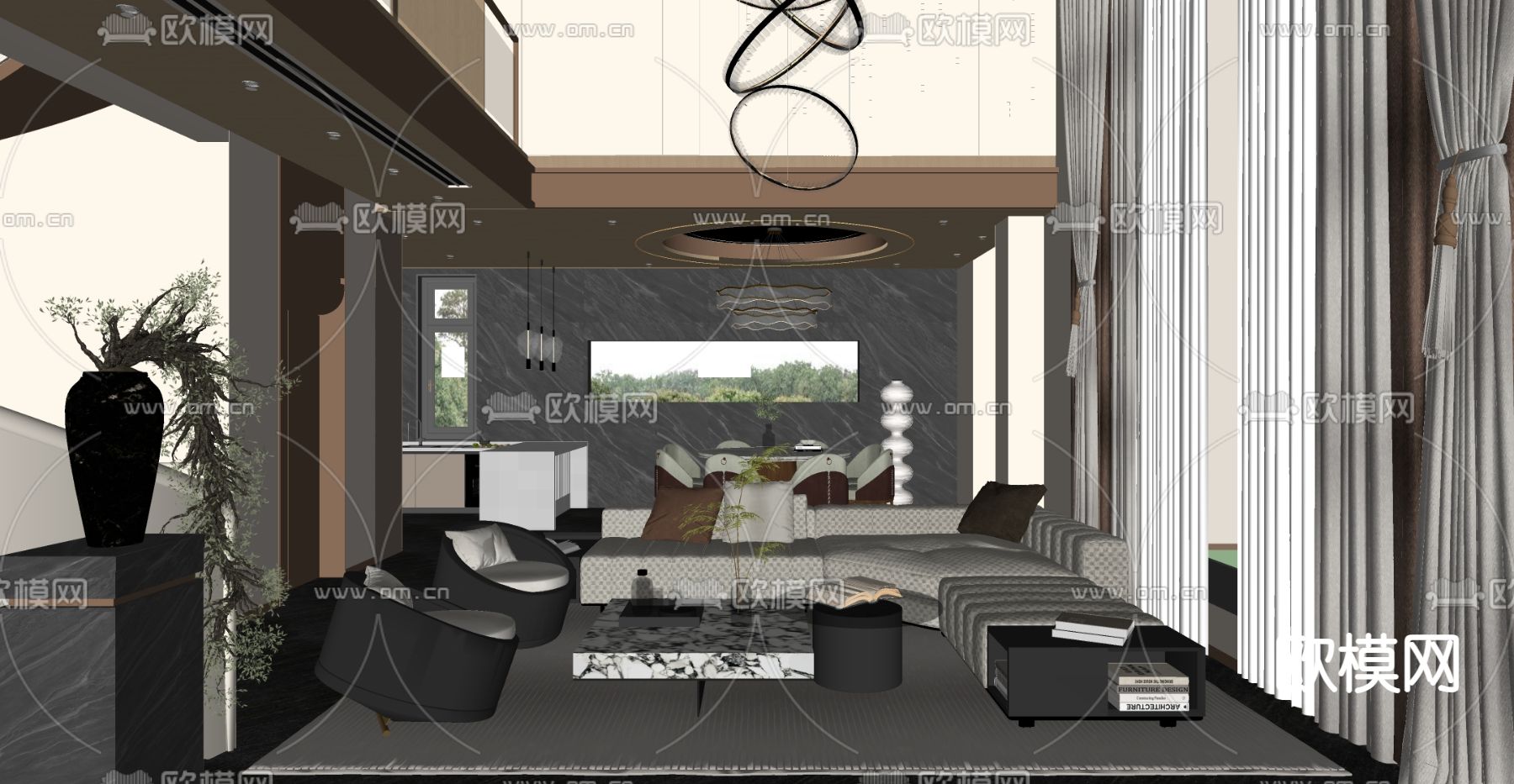现代别墅客厅 挑空客厅su模型下载（渲染图1）