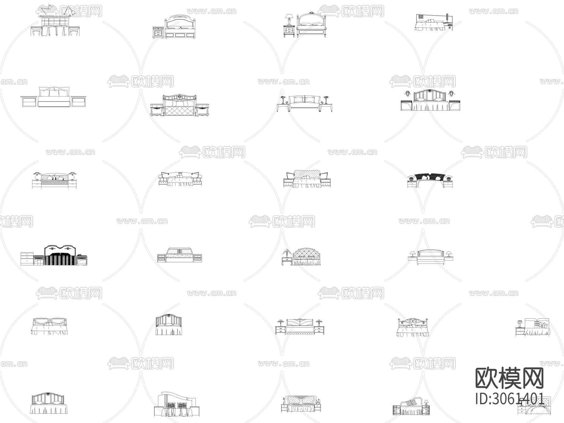 CAD床类 异型床头立面 侧面cad图库下载（渲染图1）