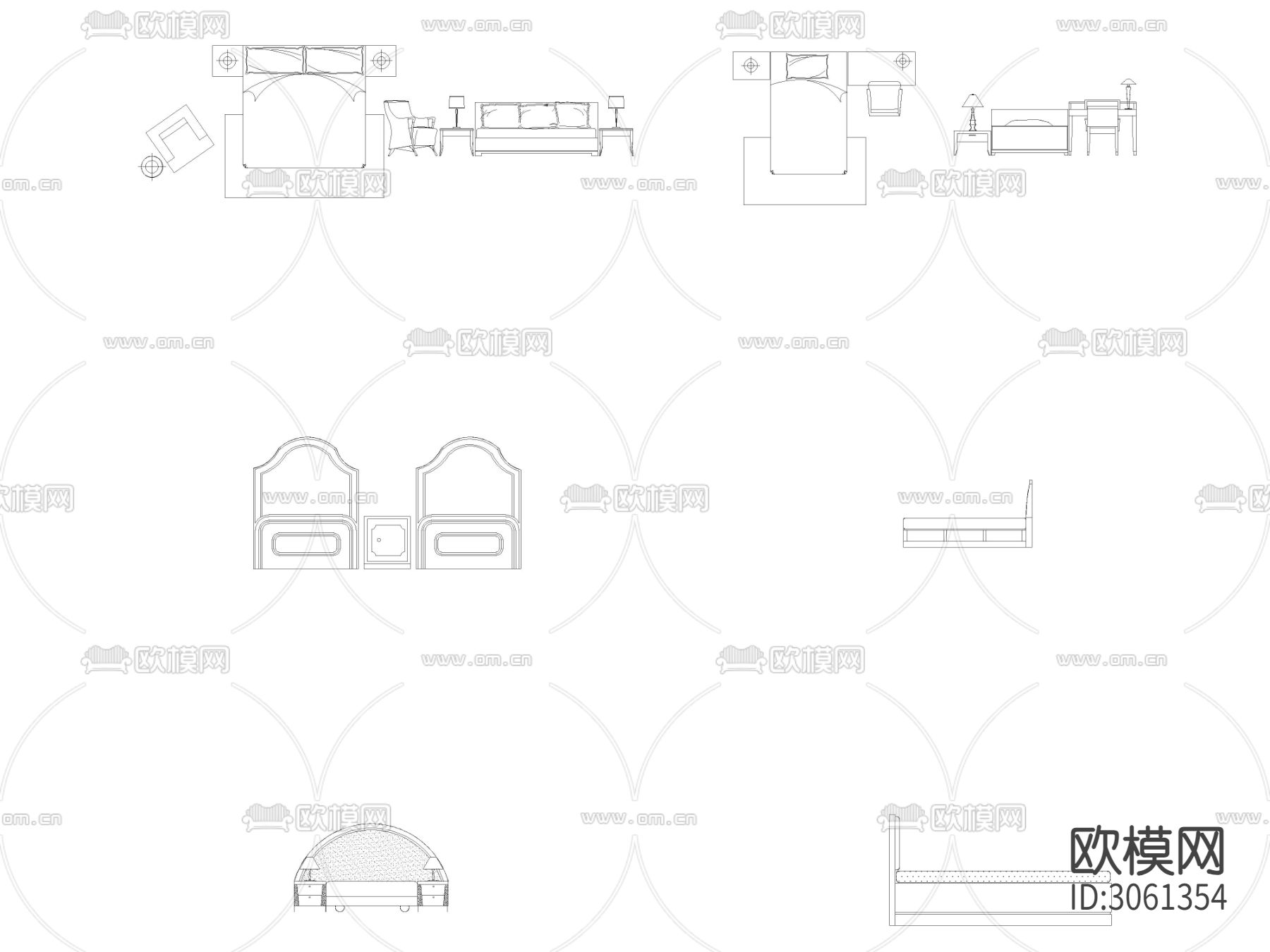 CAD床类平面 立面 侧面cad图库下载（渲染图2）