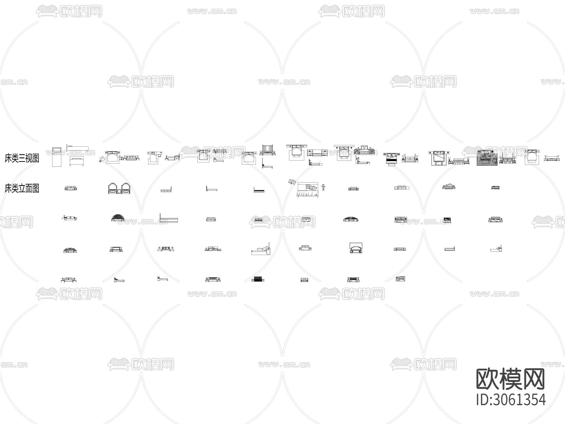 CAD床类平面 立面 侧面cad图库下载（渲染图1）