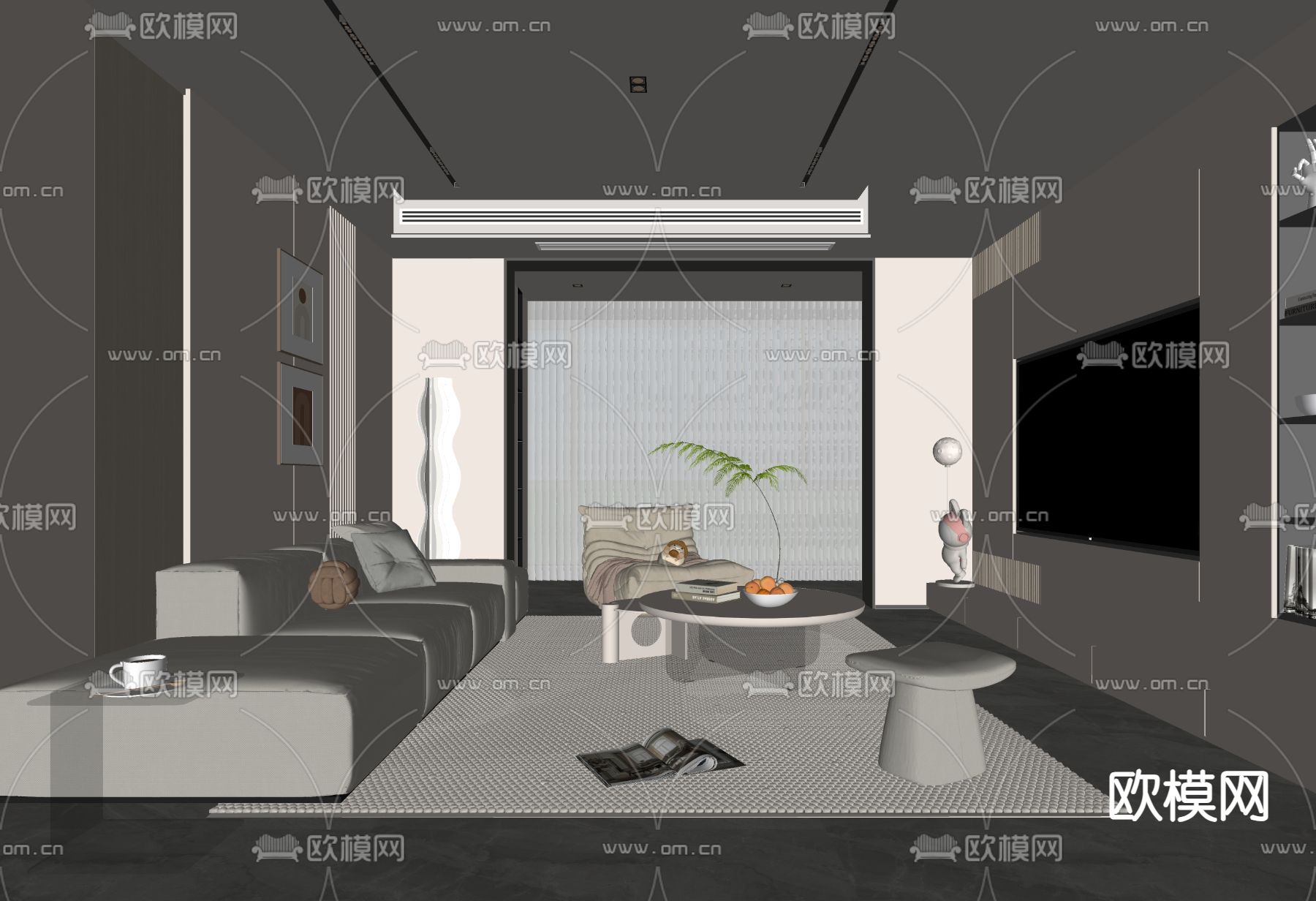 奶油风客厅su模型下载（渲染图1）