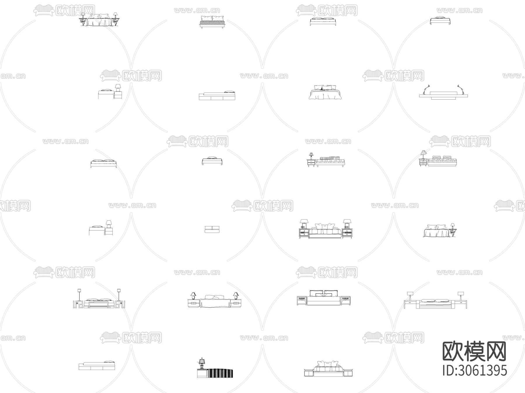 CAD床类 无床头床立面 侧面cad图库下载