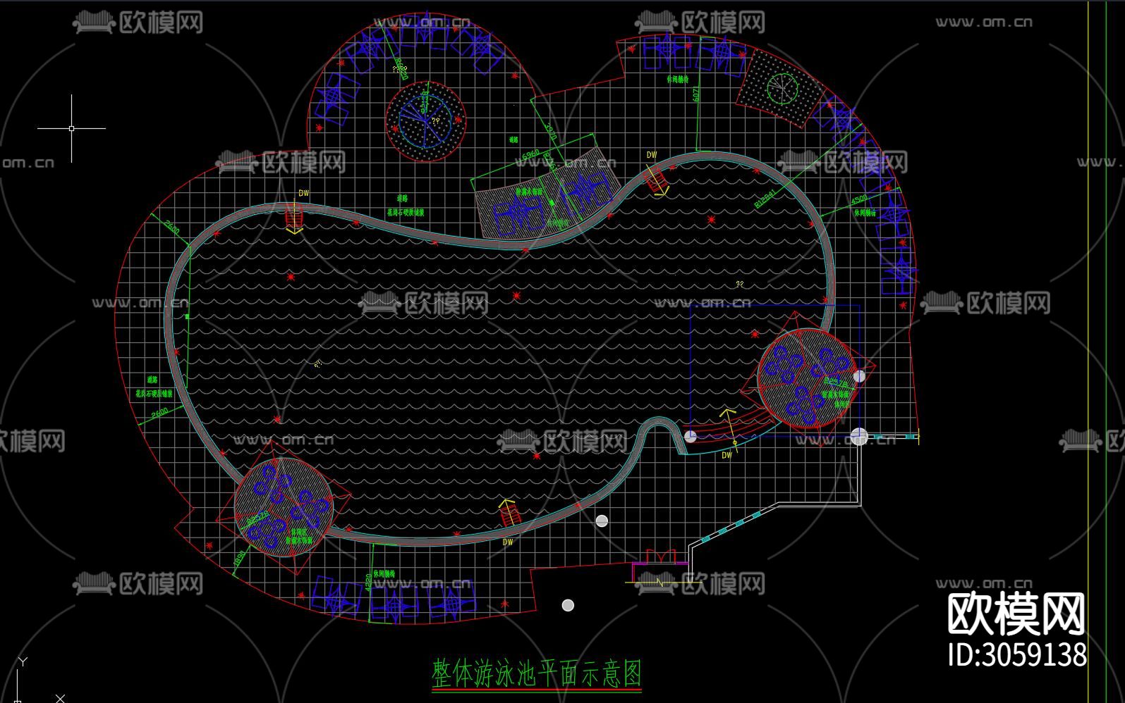 游泳池 户外运动场地 游泳池建筑规划cad施工图下载（渲染图2）