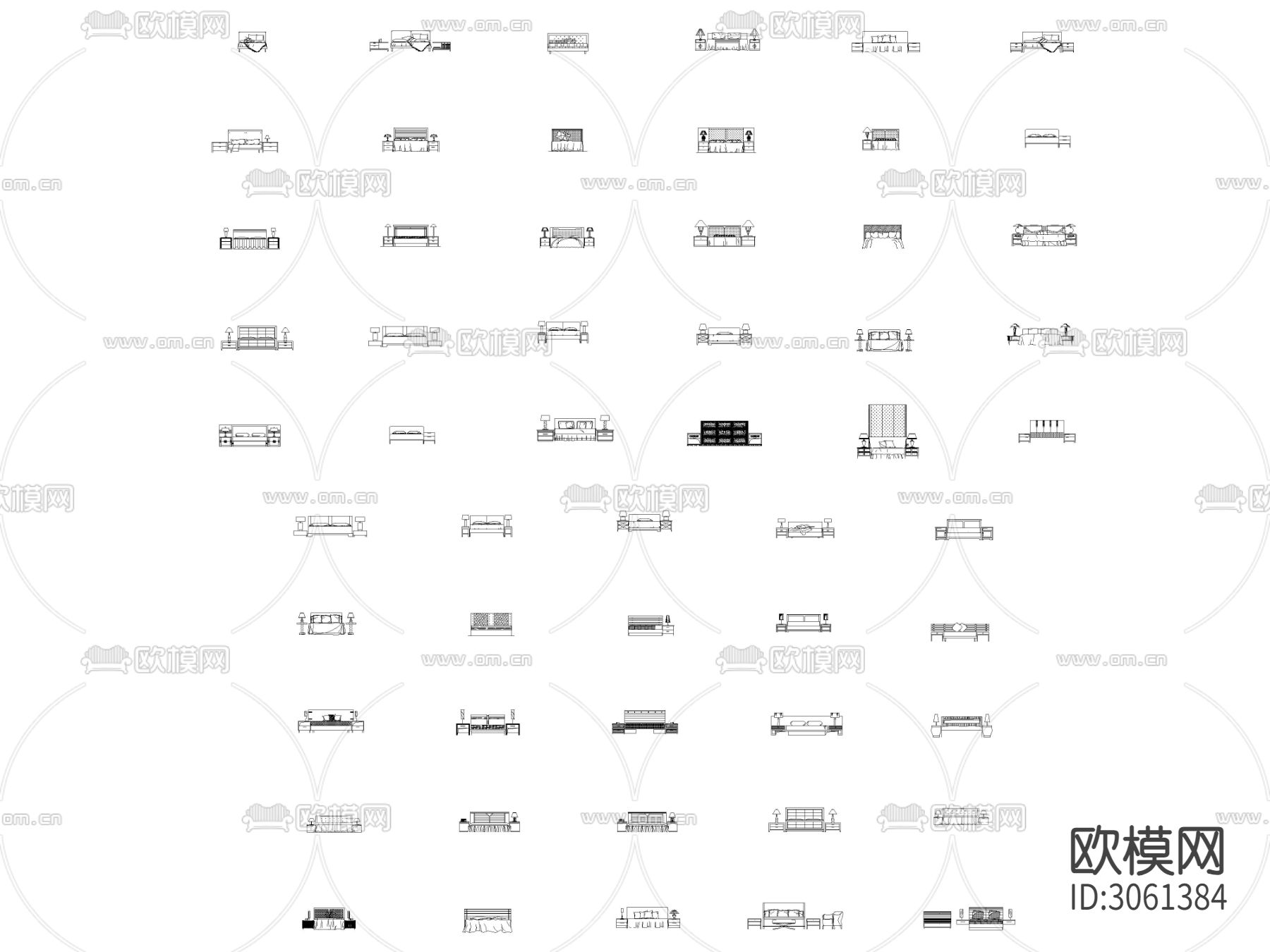 CAD床类 矩形床头 床头柜立面 侧面cad图库下载（渲染图1）