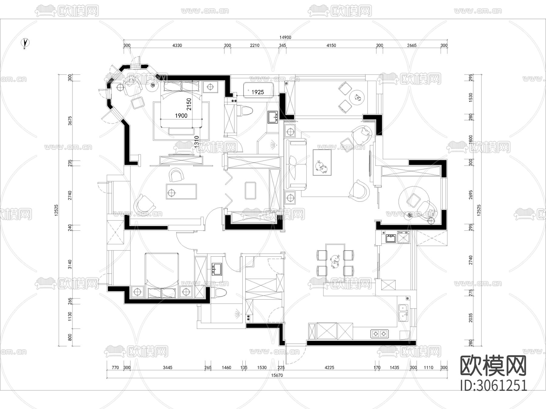 CAD家装别墅全套cad施工图下载（渲染图2）