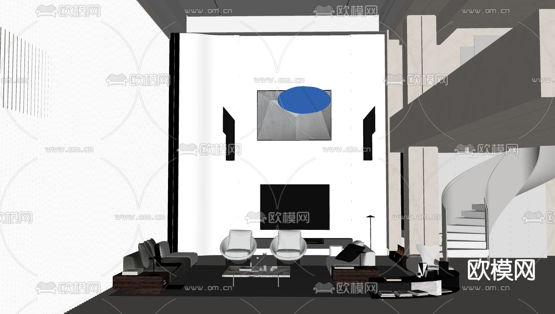 现代挑空客厅su模型下载（渲染图1）