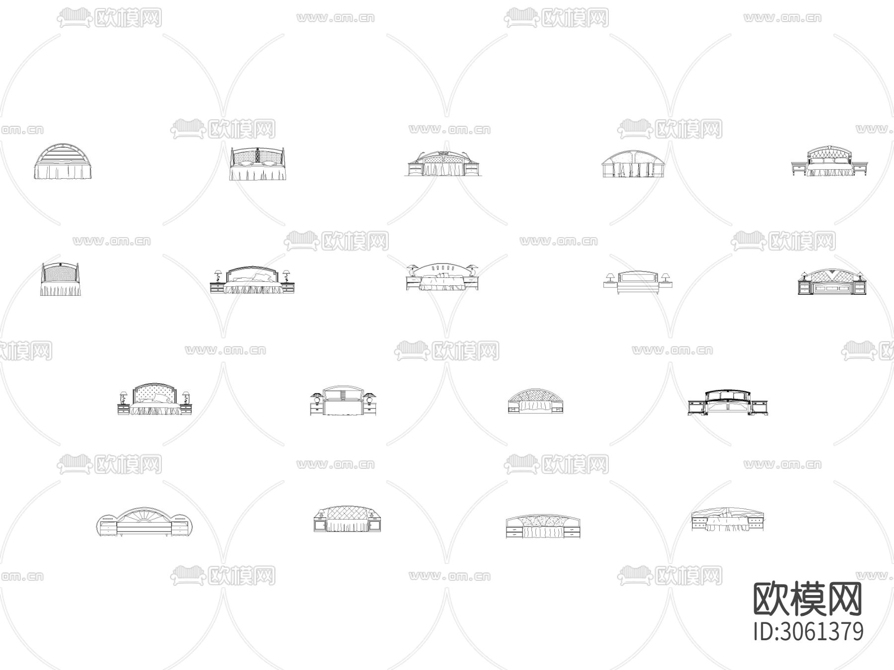 CAD床类 弧形床头 床头柜立面 侧面cad图库下载