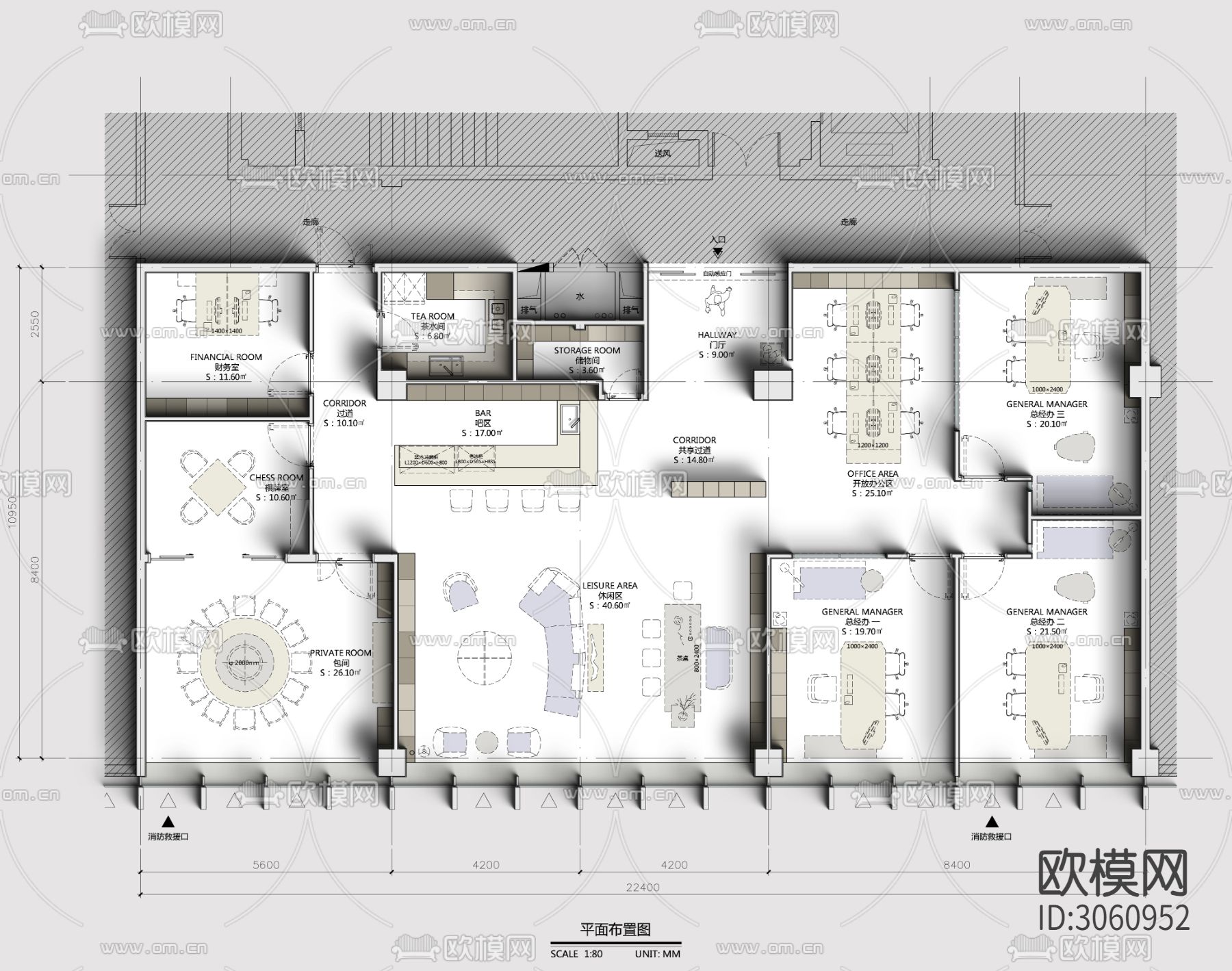 办公空间cad平面图下载（渲染图3）