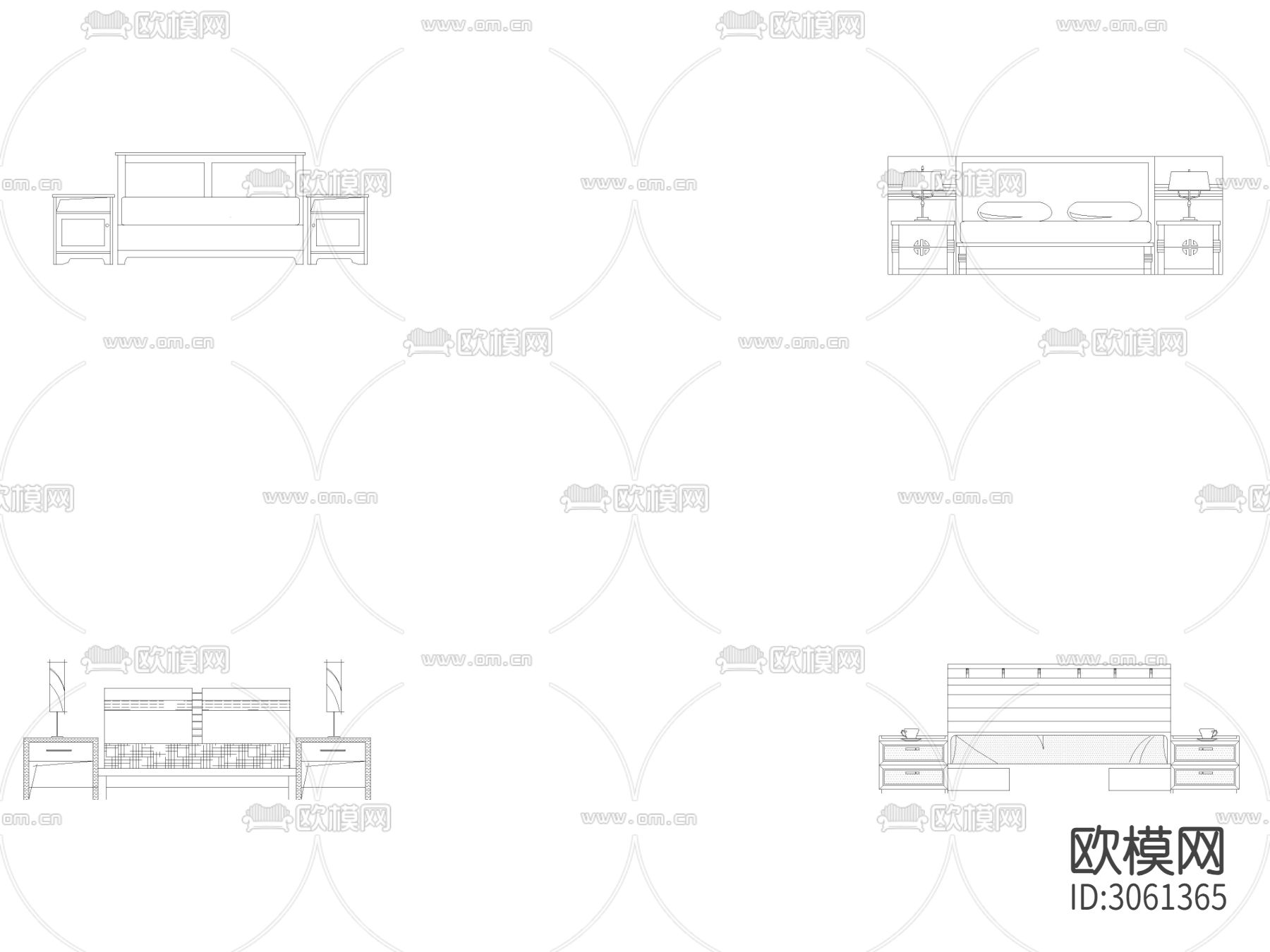 CAD床类 床头柜立面 侧面cad图库下载（渲染图2）