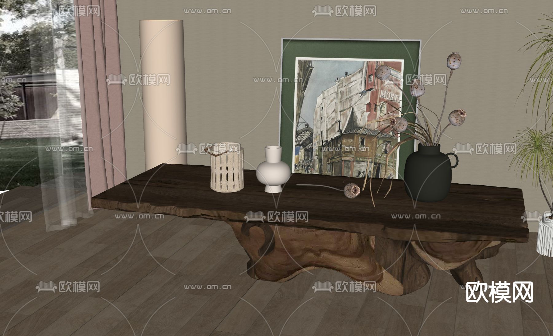 新中式茶几su模型下载（渲染图1）