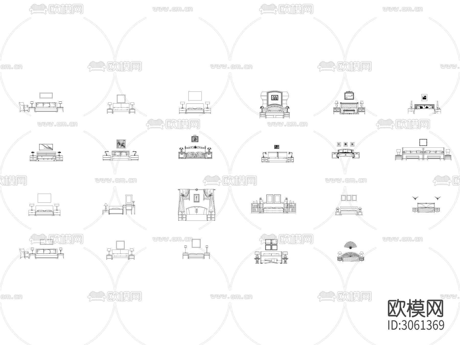 CAD床类 床头柜 挂画立面 侧面cad图库下载