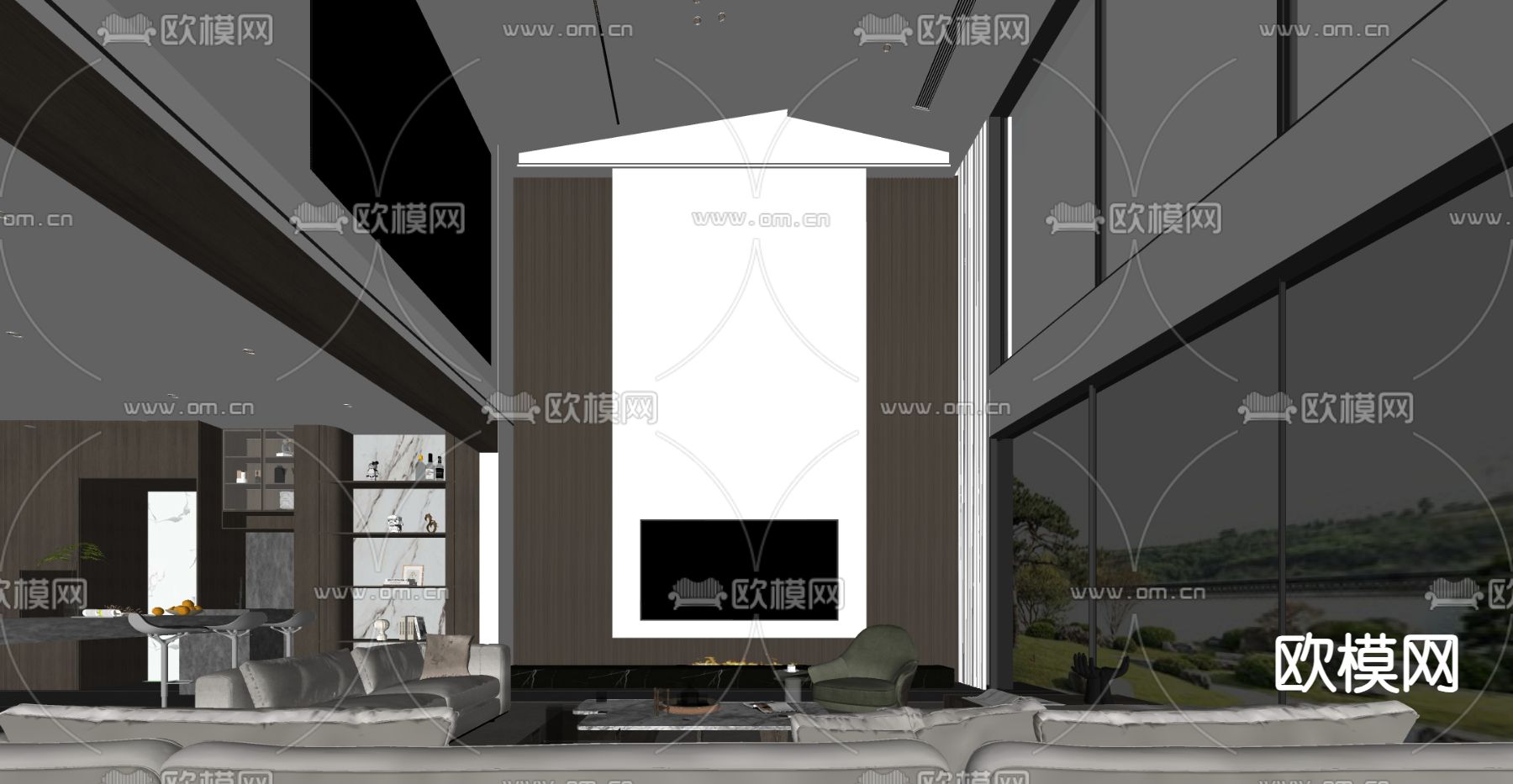 现代挑空客厅su模型下载（渲染图1）