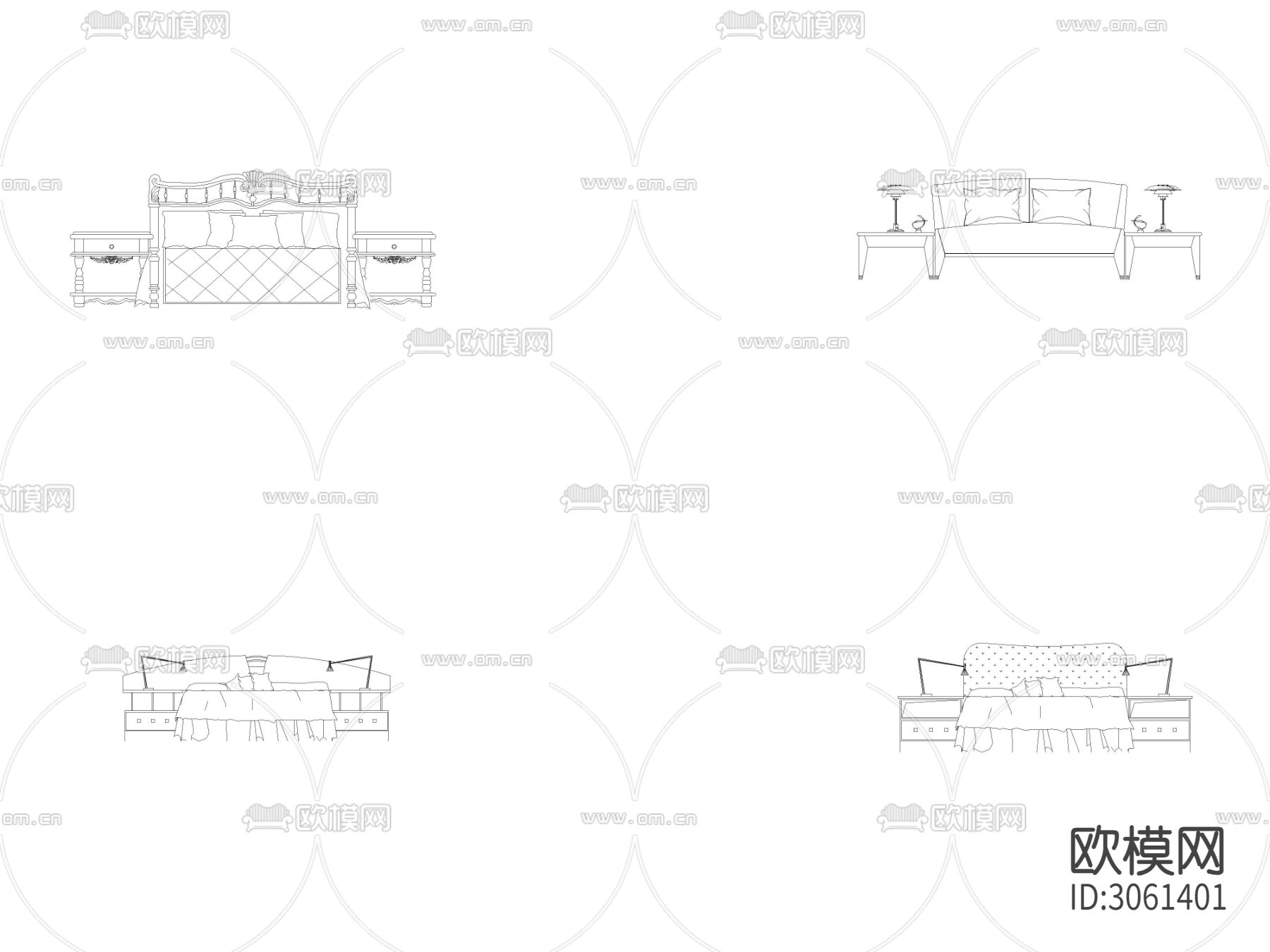 CAD床类 异型床头立面 侧面cad图库下载（渲染图2）
