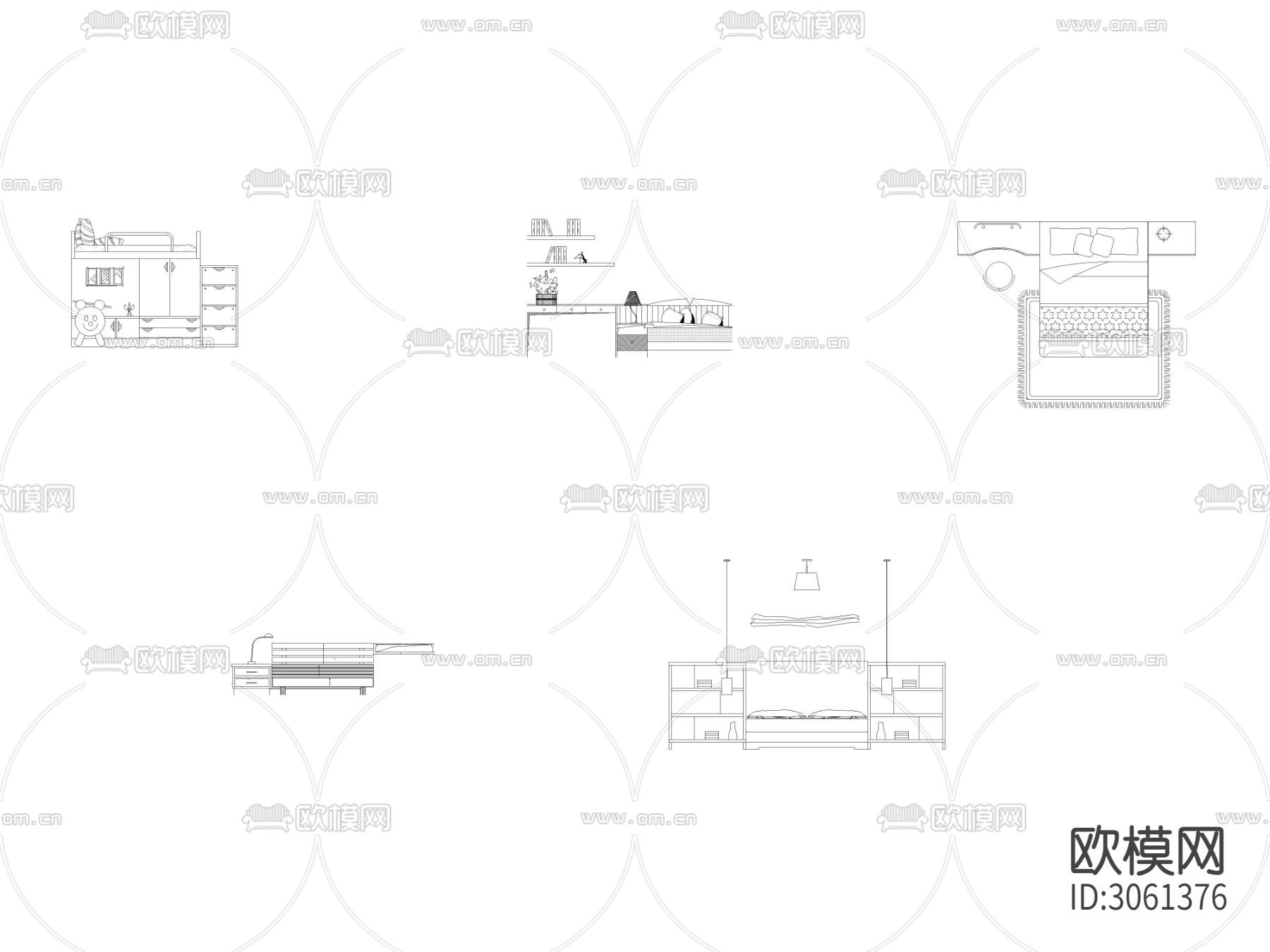 CAD床类 书桌书架床平面 立面 侧面cad图库下载