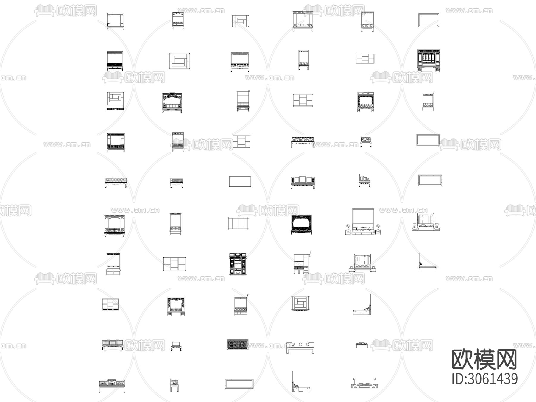 CAD床类 中式花纹床 床头柜 斗柜cad图库下载（渲染图1）