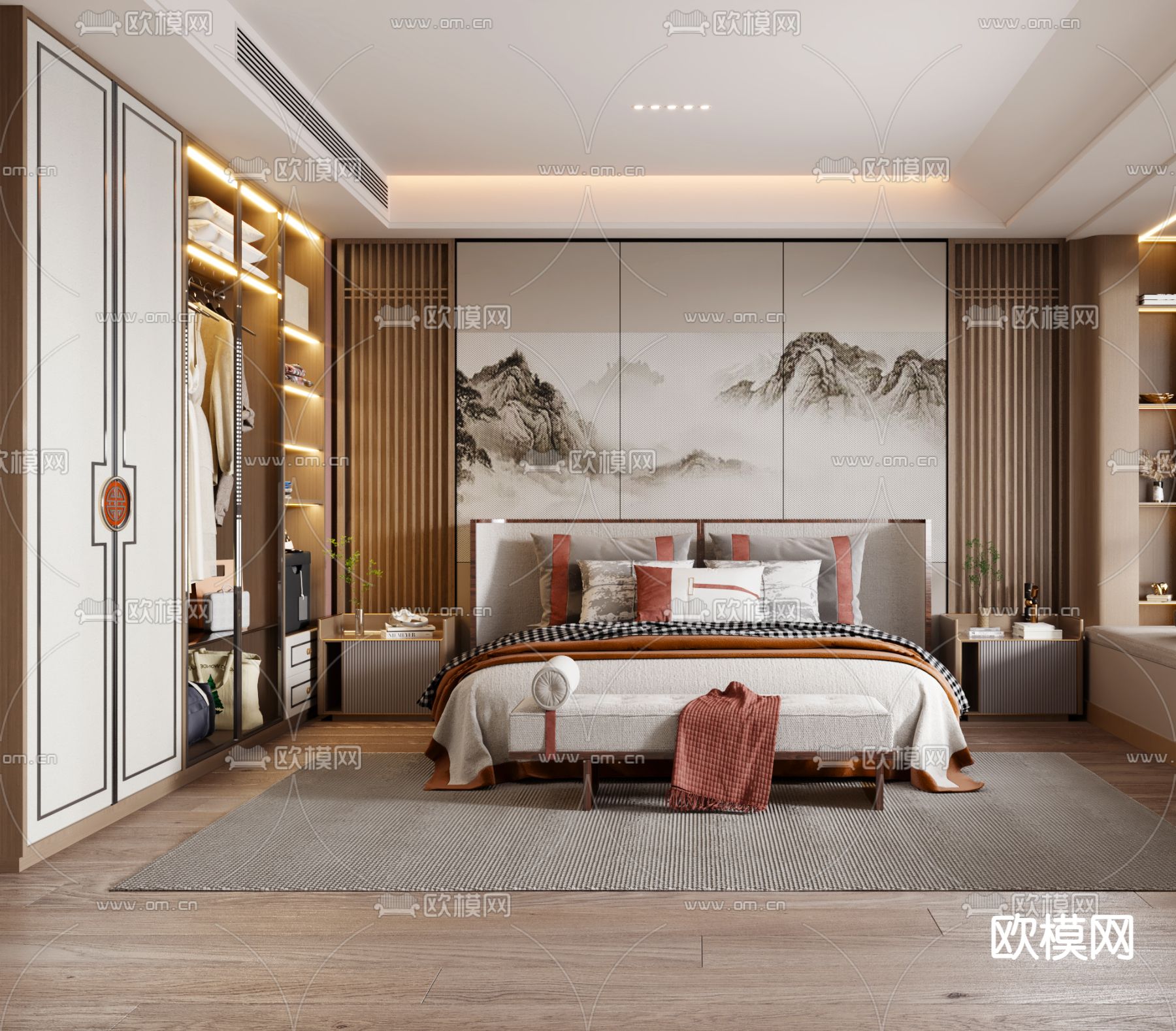 新中式卧室 主卧 主人房3d模型下载（渲染图2）