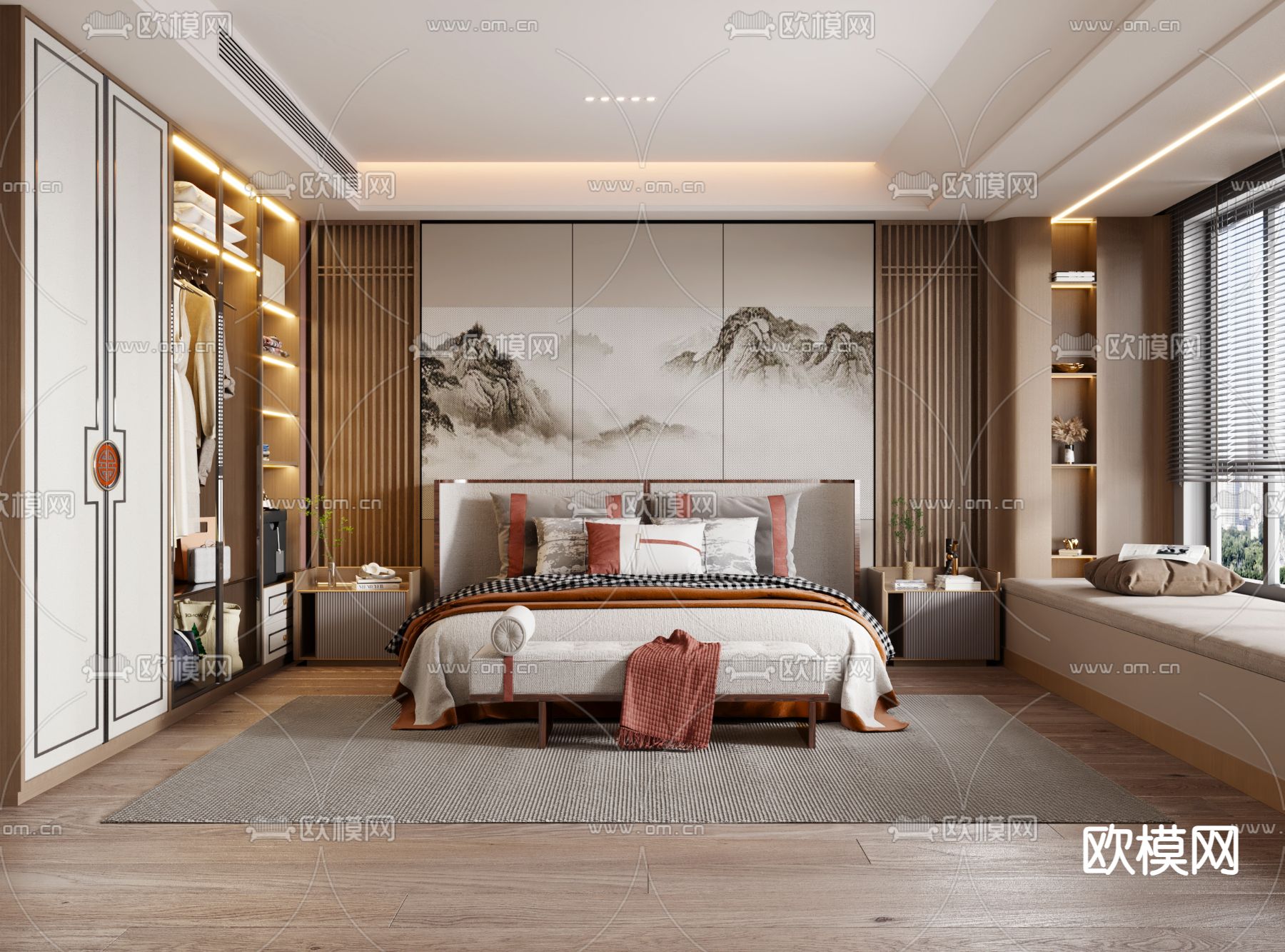 新中式卧室 主卧 主人房3d模型下载（渲染图1）