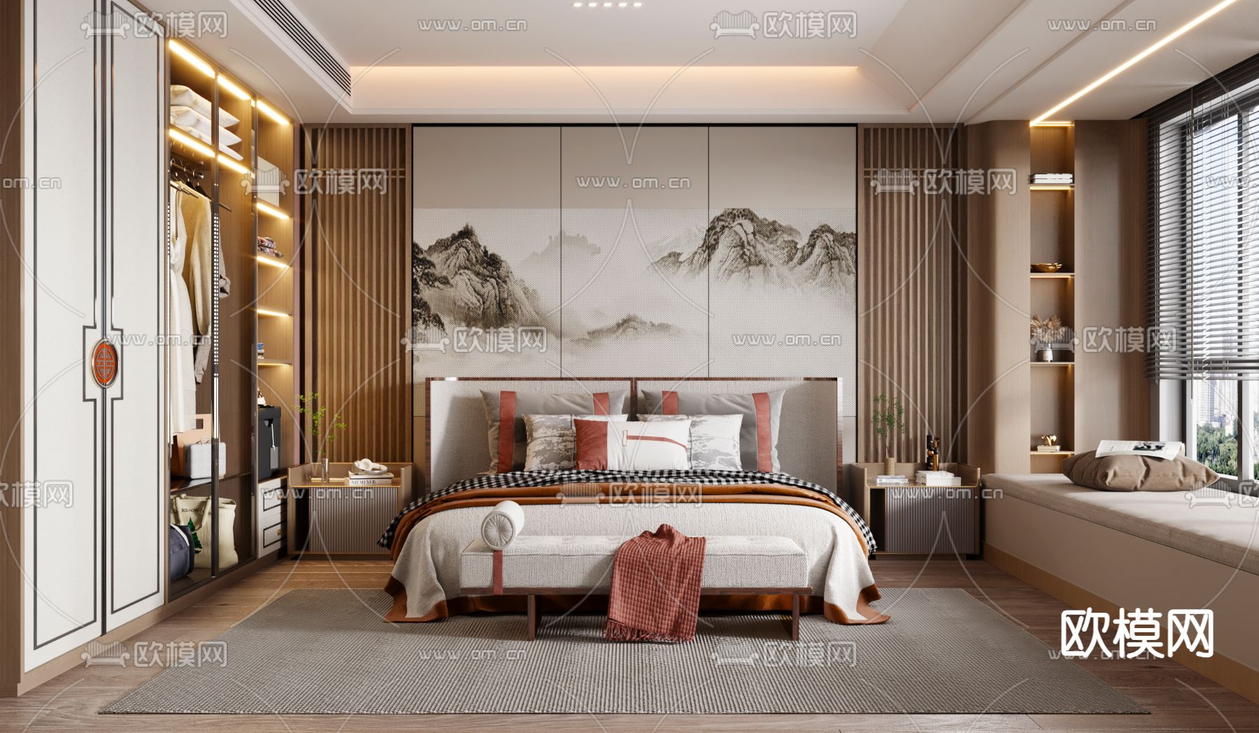 新中式卧室 主卧 主人房3d模型下载（渲染图3）