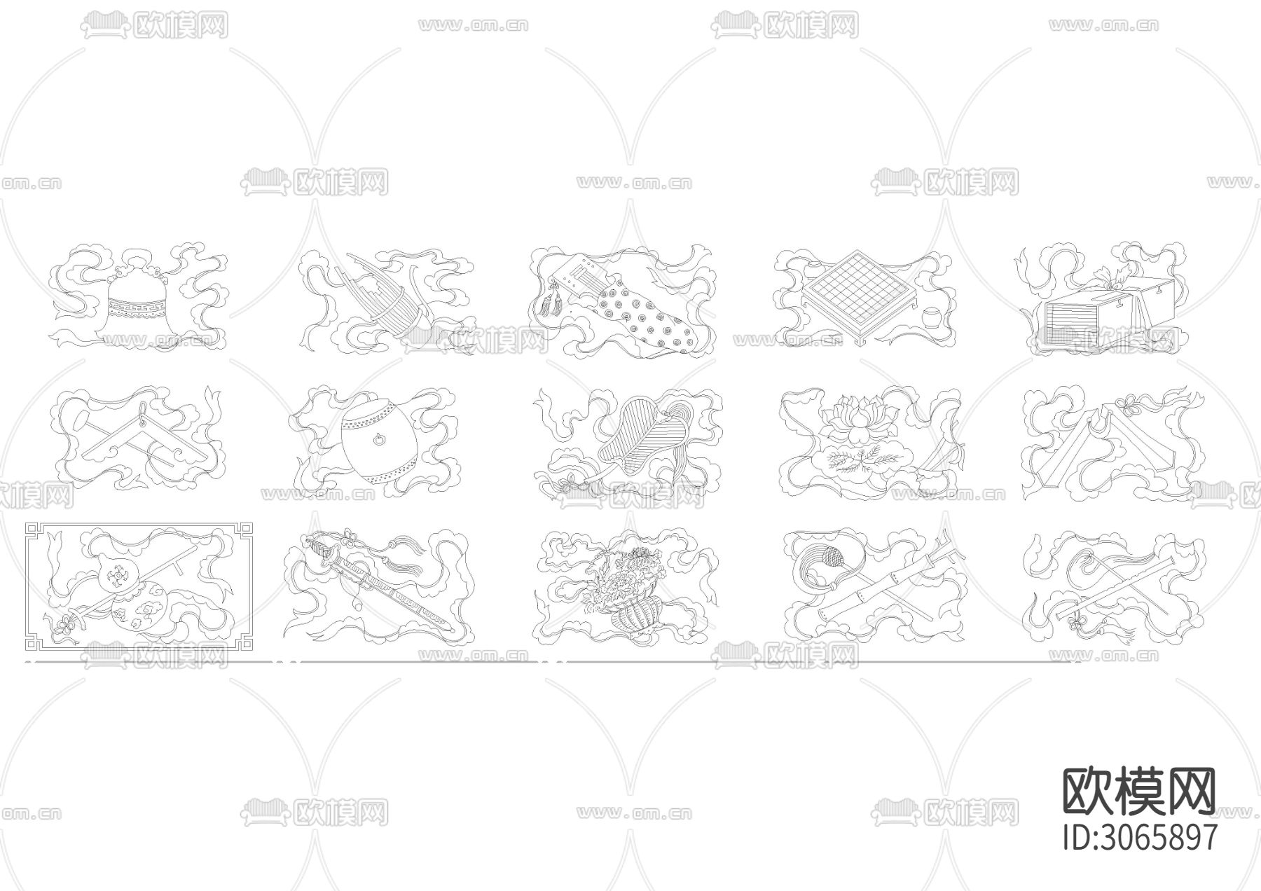 中式雕花屏风 装饰山水画cad图库下载（渲染图2）