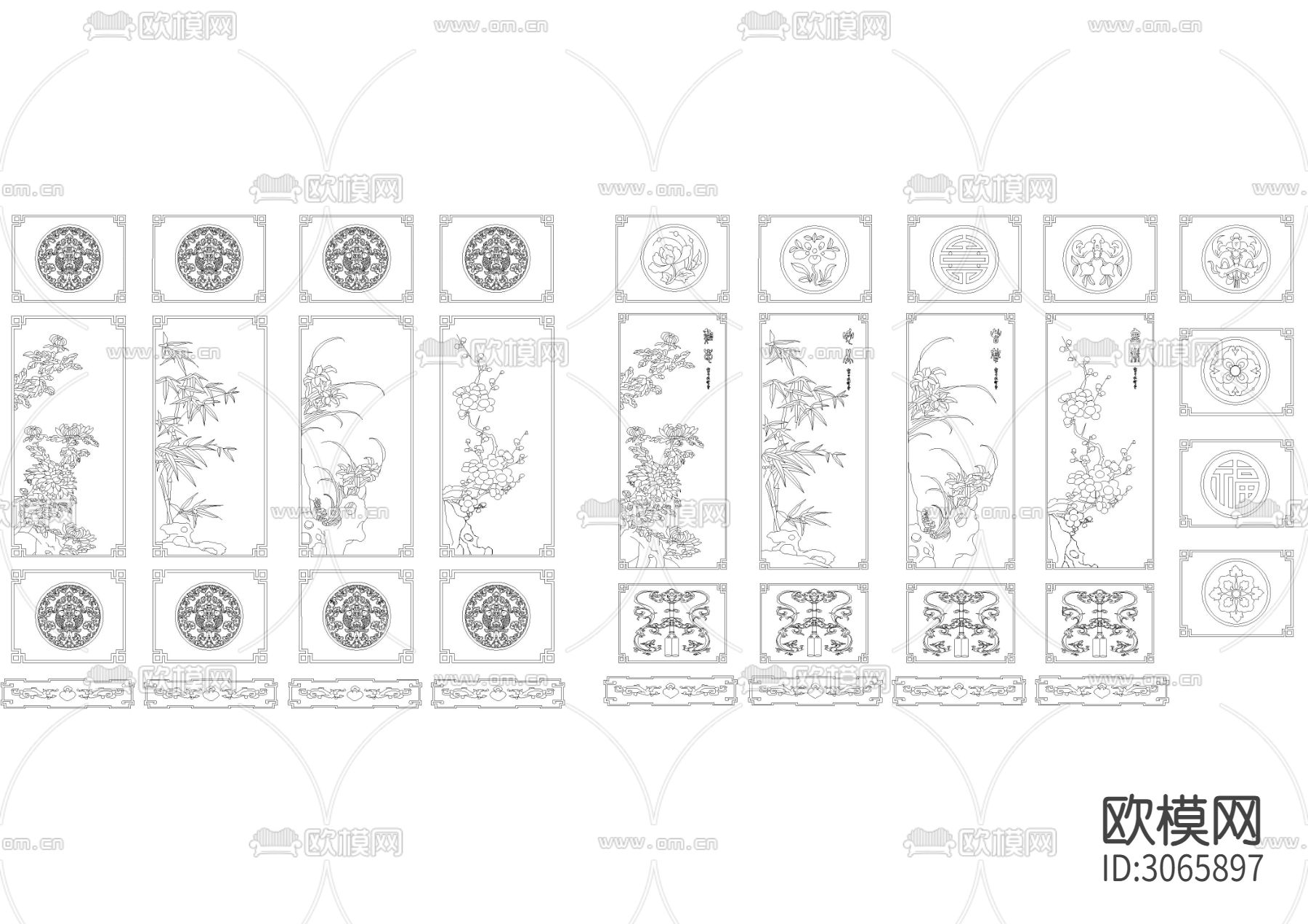 中式雕花屏风 装饰山水画cad图库下载（渲染图5）