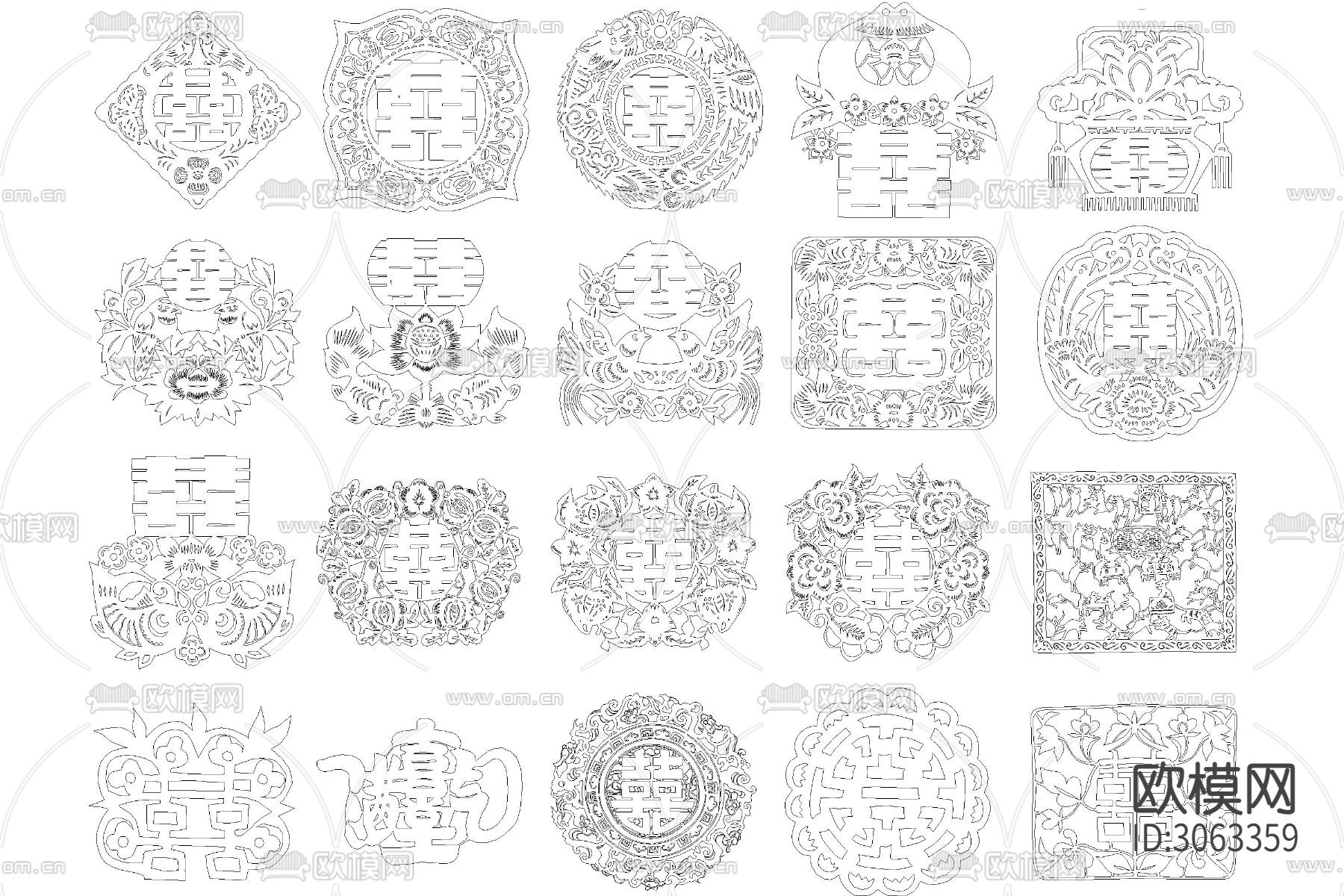 福字寿字喜字双喜窗花贴花年画剪纸cad图库下载（渲染图4）