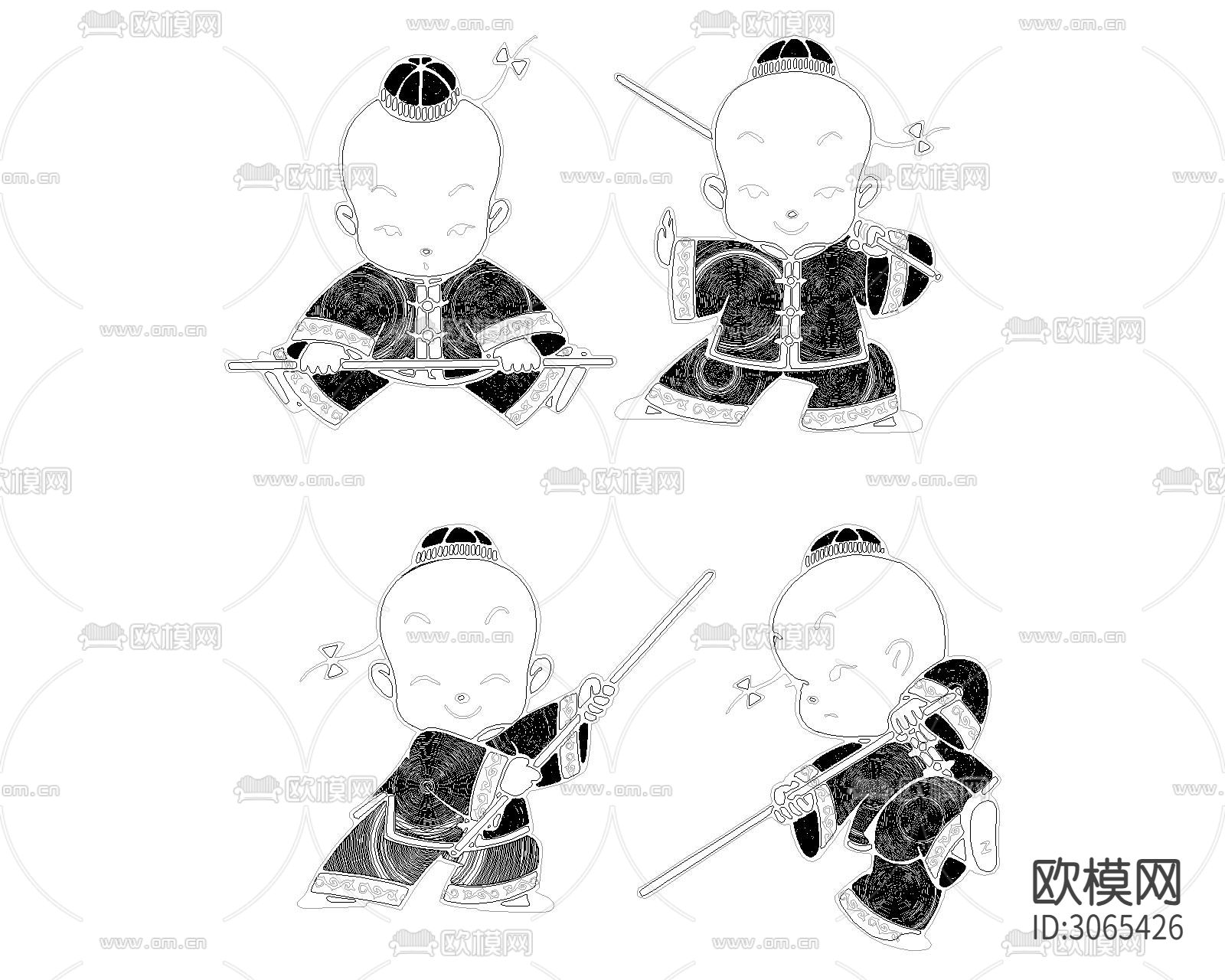 中国娃娃 武功小孩cad图库下载（渲染图2）