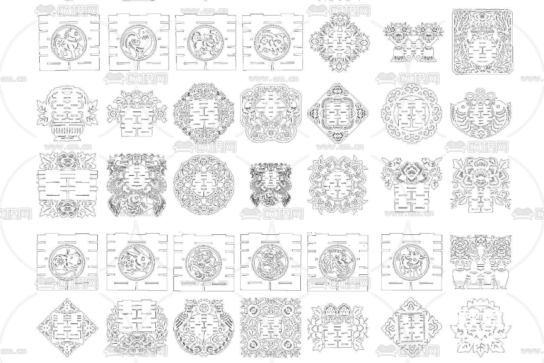 福字寿字喜字双喜窗花贴花年画剪纸cad图库下载（渲染图6）