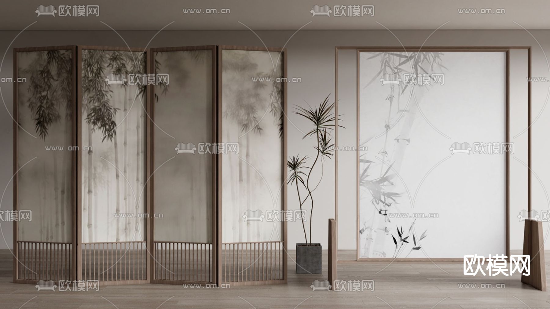 新中式屏风 墨竹隔断3d模型下载