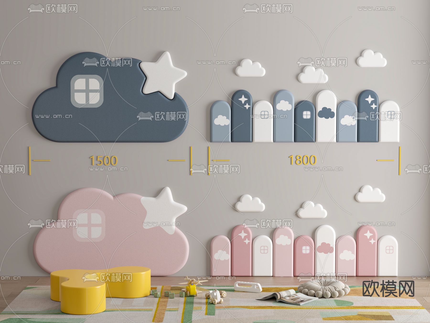 儿童房软包 硬包 云朵软包3d模型下载（渲染图1）