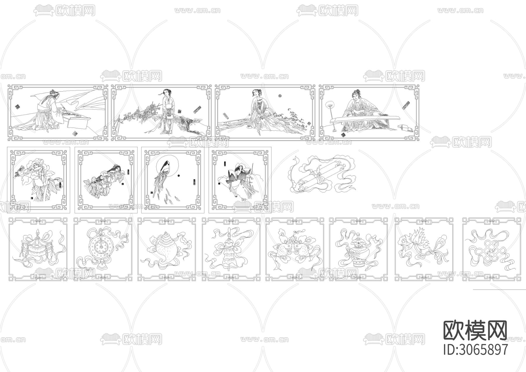 中式雕花屏风 装饰山水画cad图库下载（渲染图3）