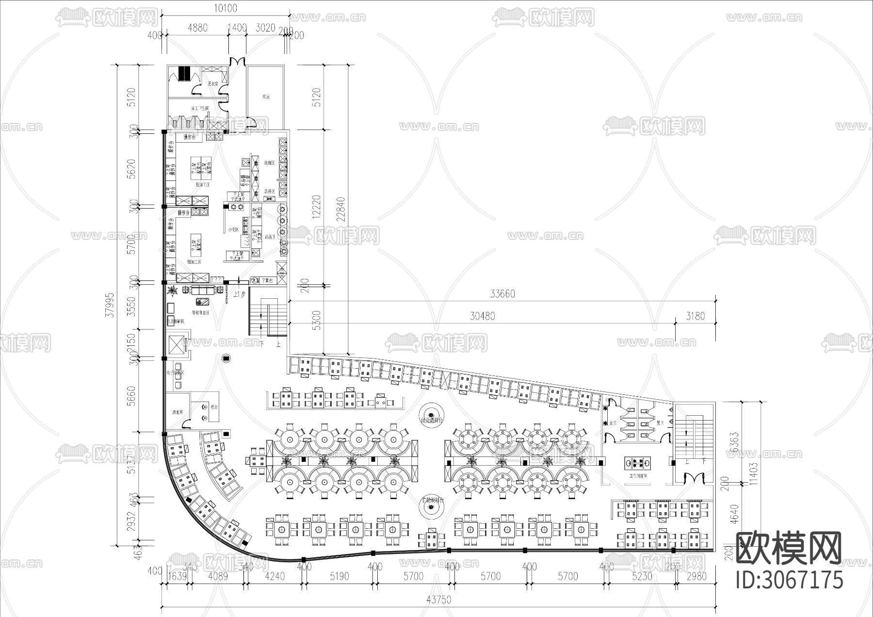 800㎡现代火锅店cad平面图下载（渲染图1）