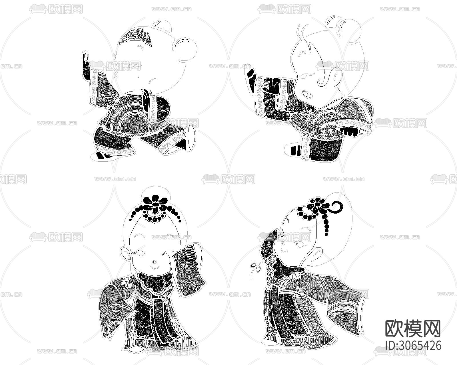 中国娃娃 武功小孩cad图库下载（渲染图1）