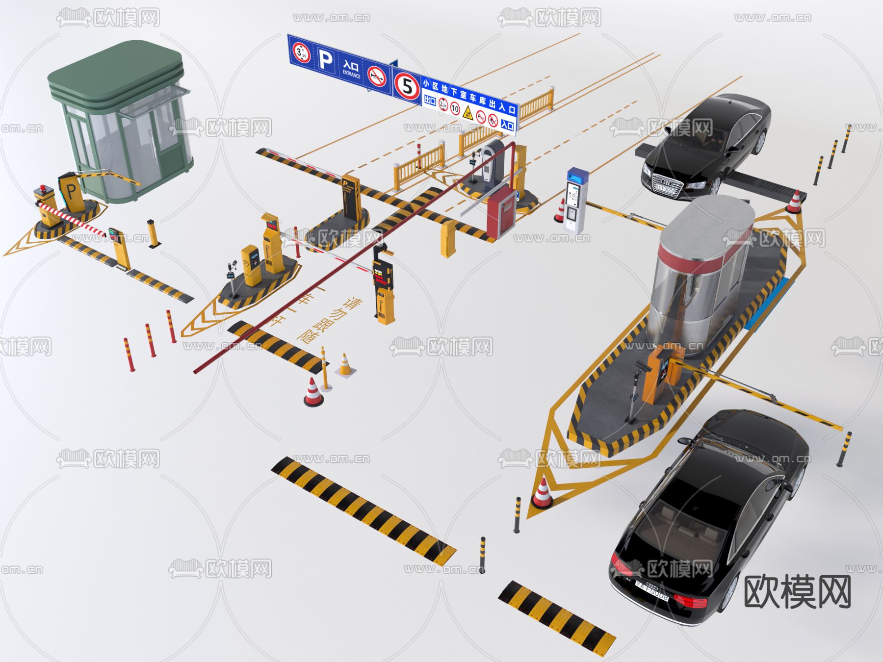 收费杆 门岗亭 道闸3d模型下载