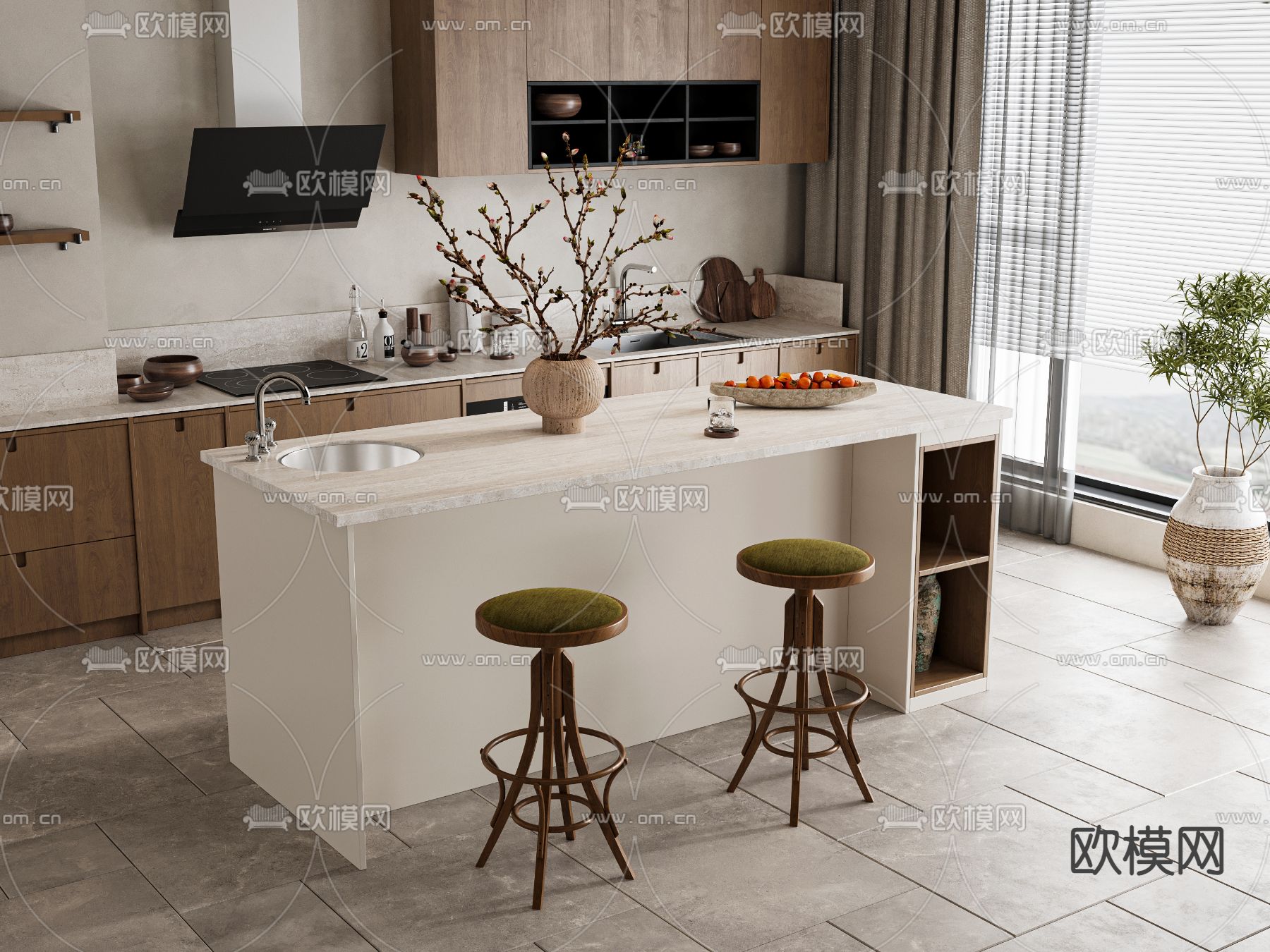 中古风吧台 中岛台3d模型下载