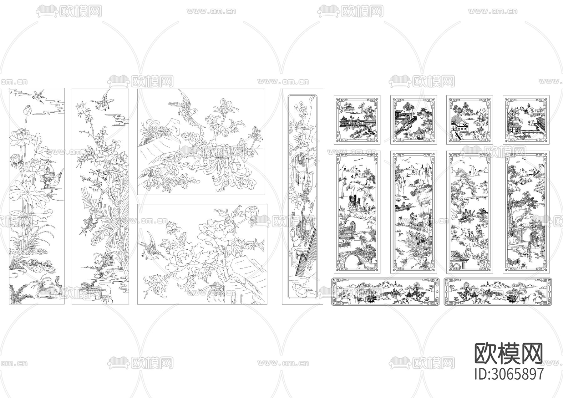 中式雕花屏风 装饰山水画cad图库下载（渲染图4）