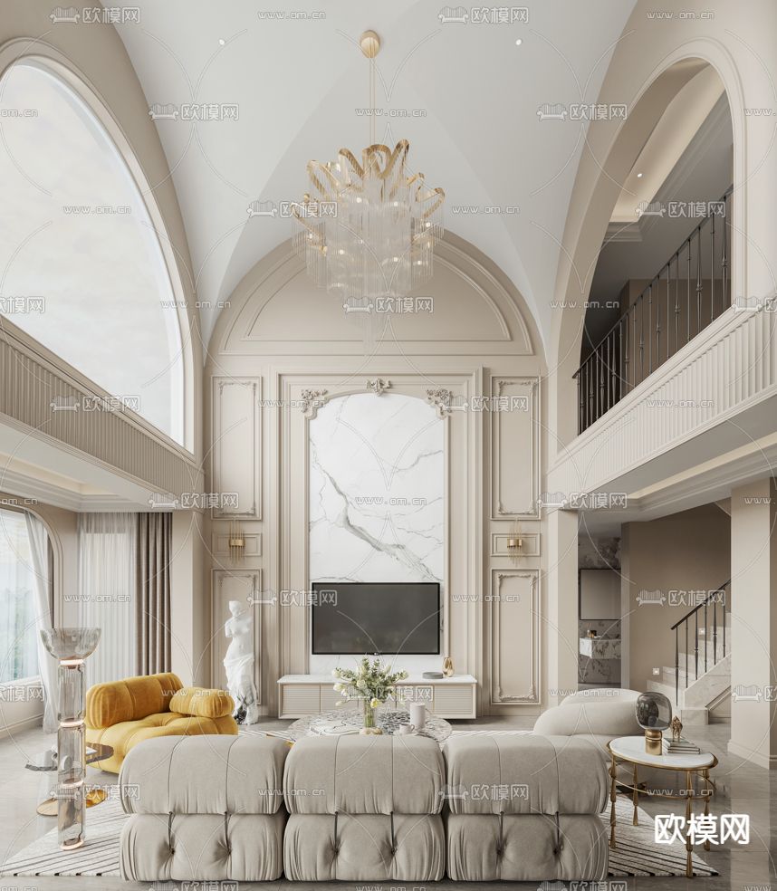 法式别墅客厅 别墅大堂3d模型下载