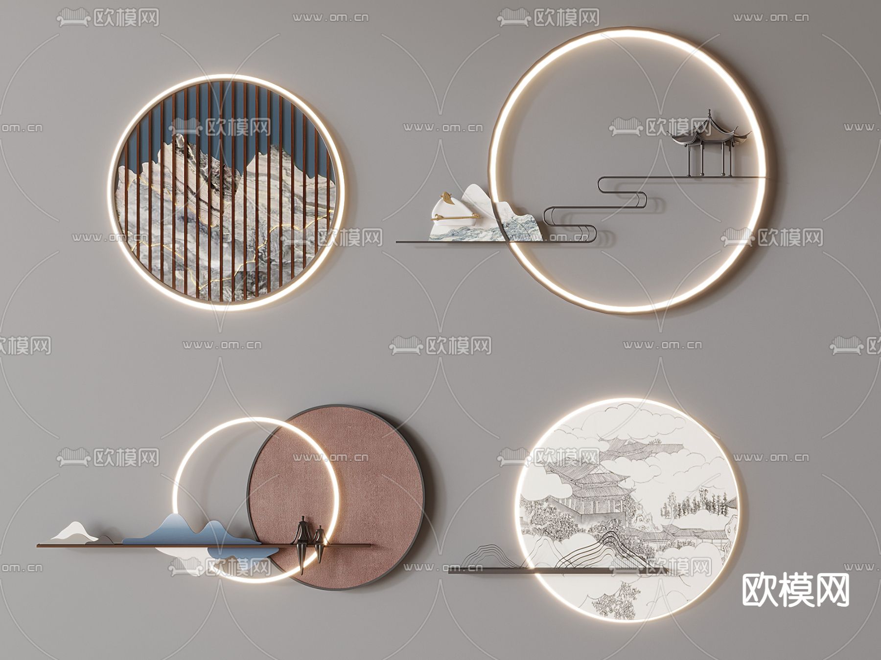 新中式墙饰 禅意挂件 壁画灯su模型下载（渲染图1）