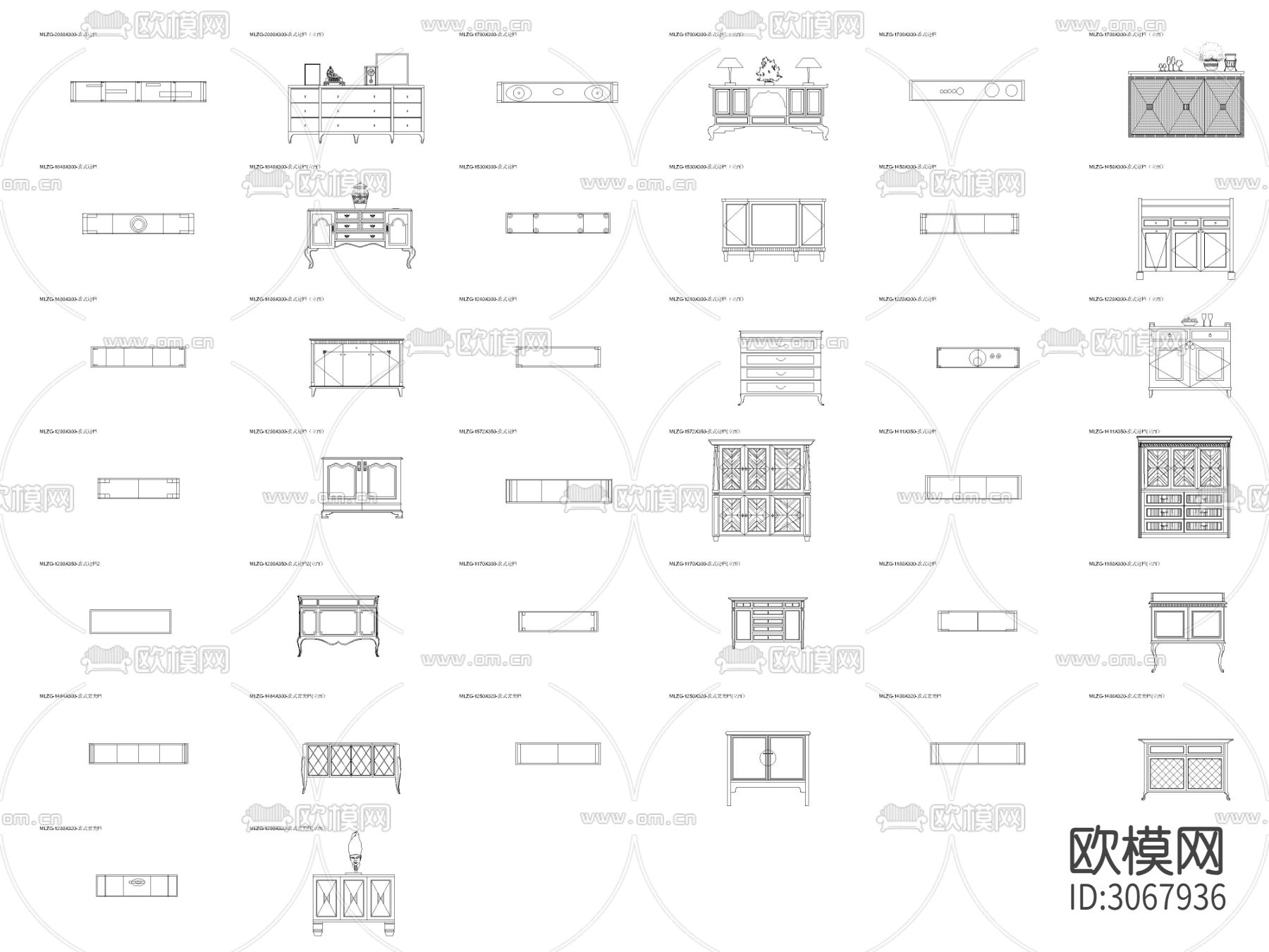 欧式带抽屉边柜平立面cad图库下载