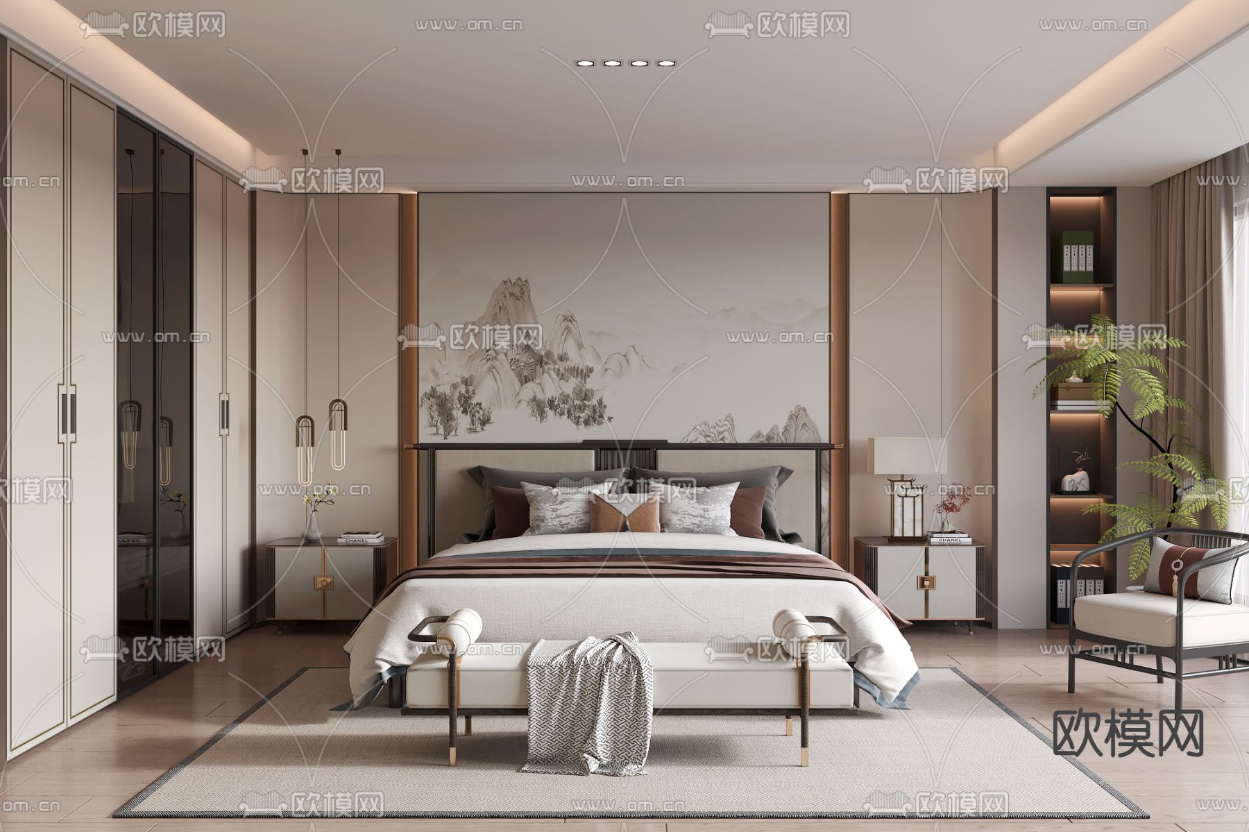 新中式卧室 主人房3d模型下载