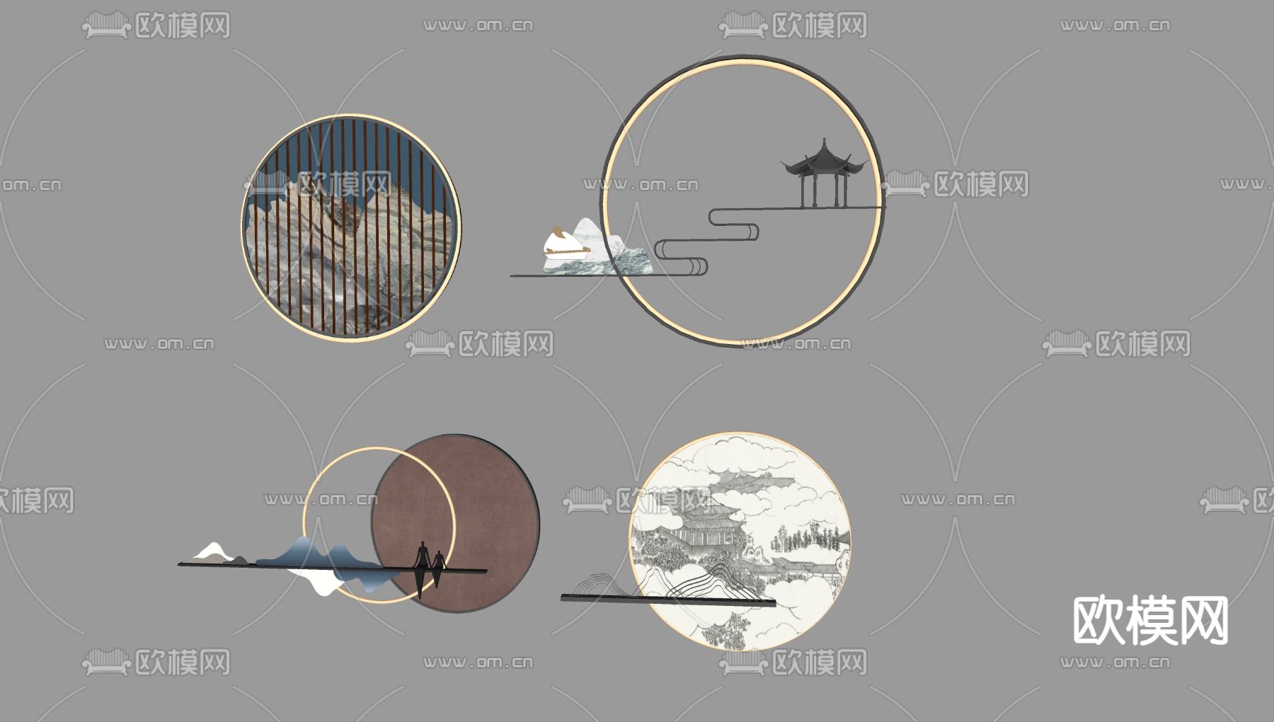 新中式墙饰 禅意挂件 壁画灯su模型下载（渲染图2）