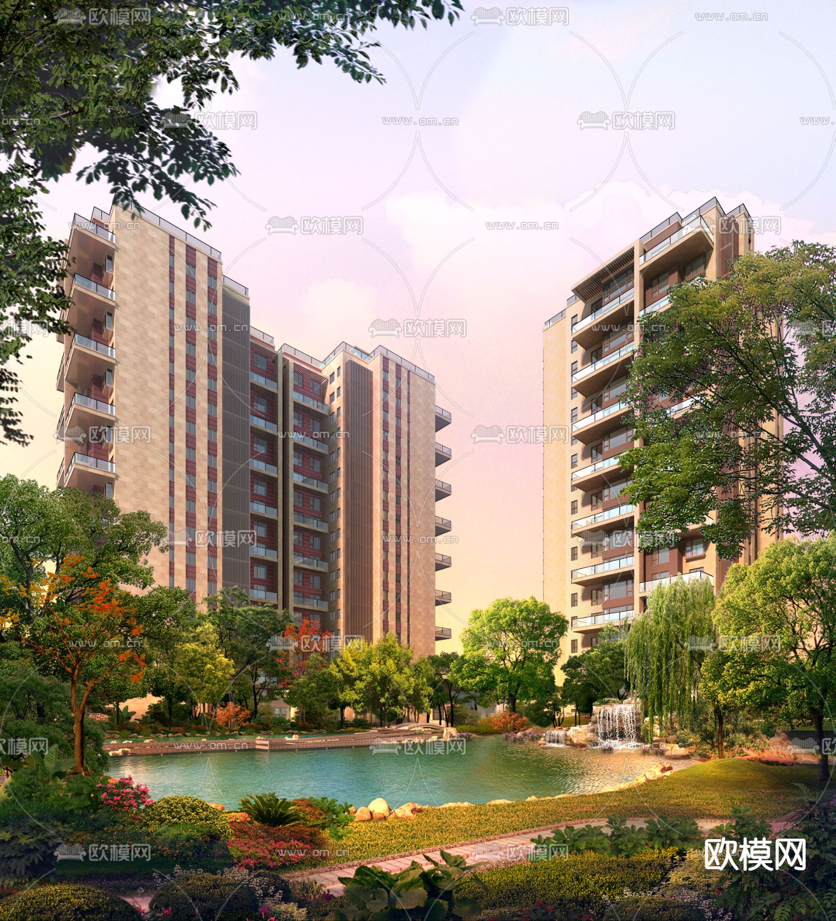 高层住宅小区 内庭 园林景观psd下载_ID15090524_3dmax免费模型-欧模网