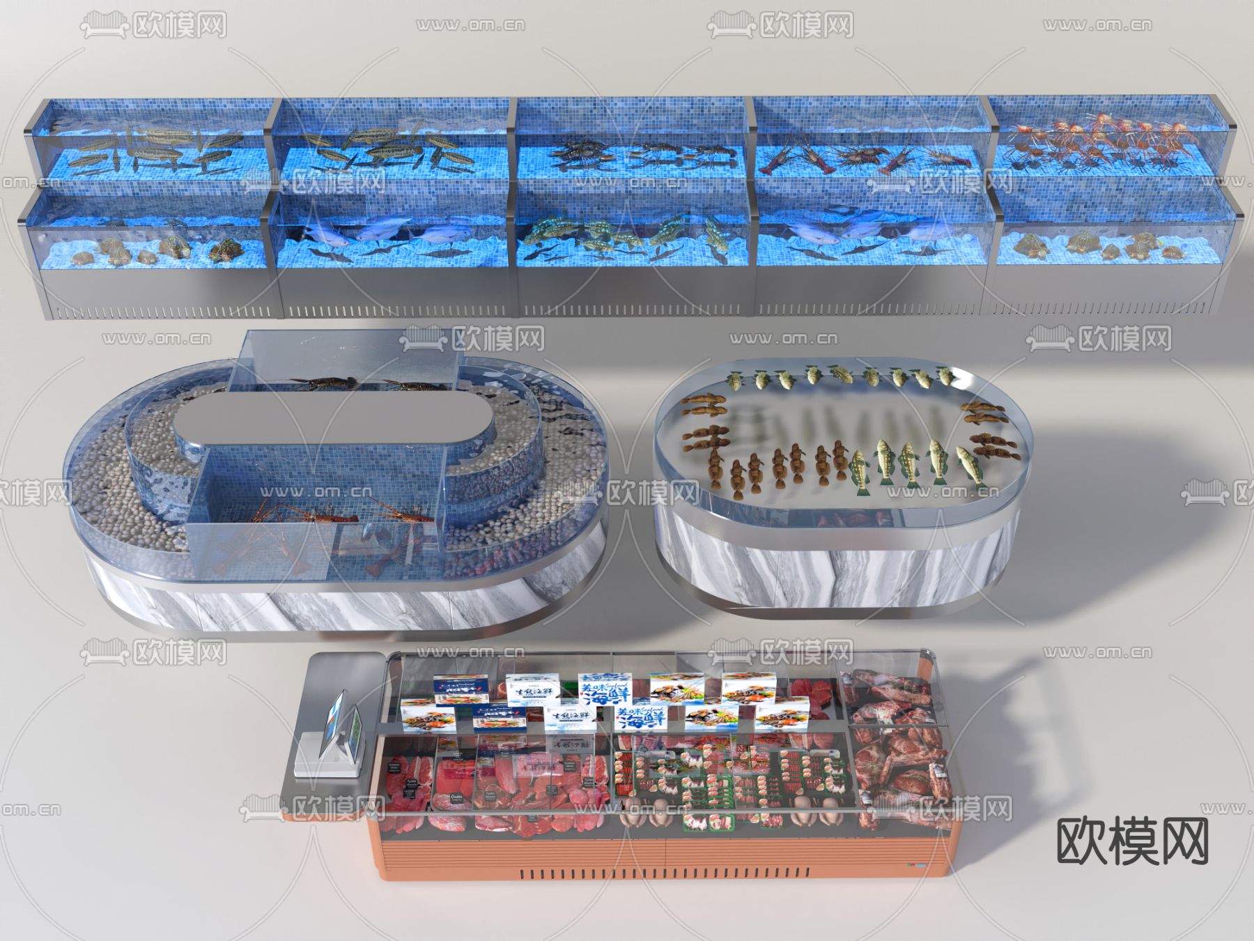 超市海鲜柜 生鲜展柜3d模型下载