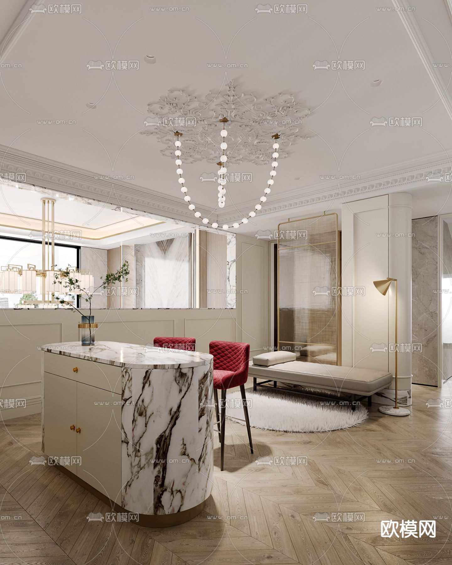 法式吧台 中岛台 吧椅3d模型下载（渲染图1）