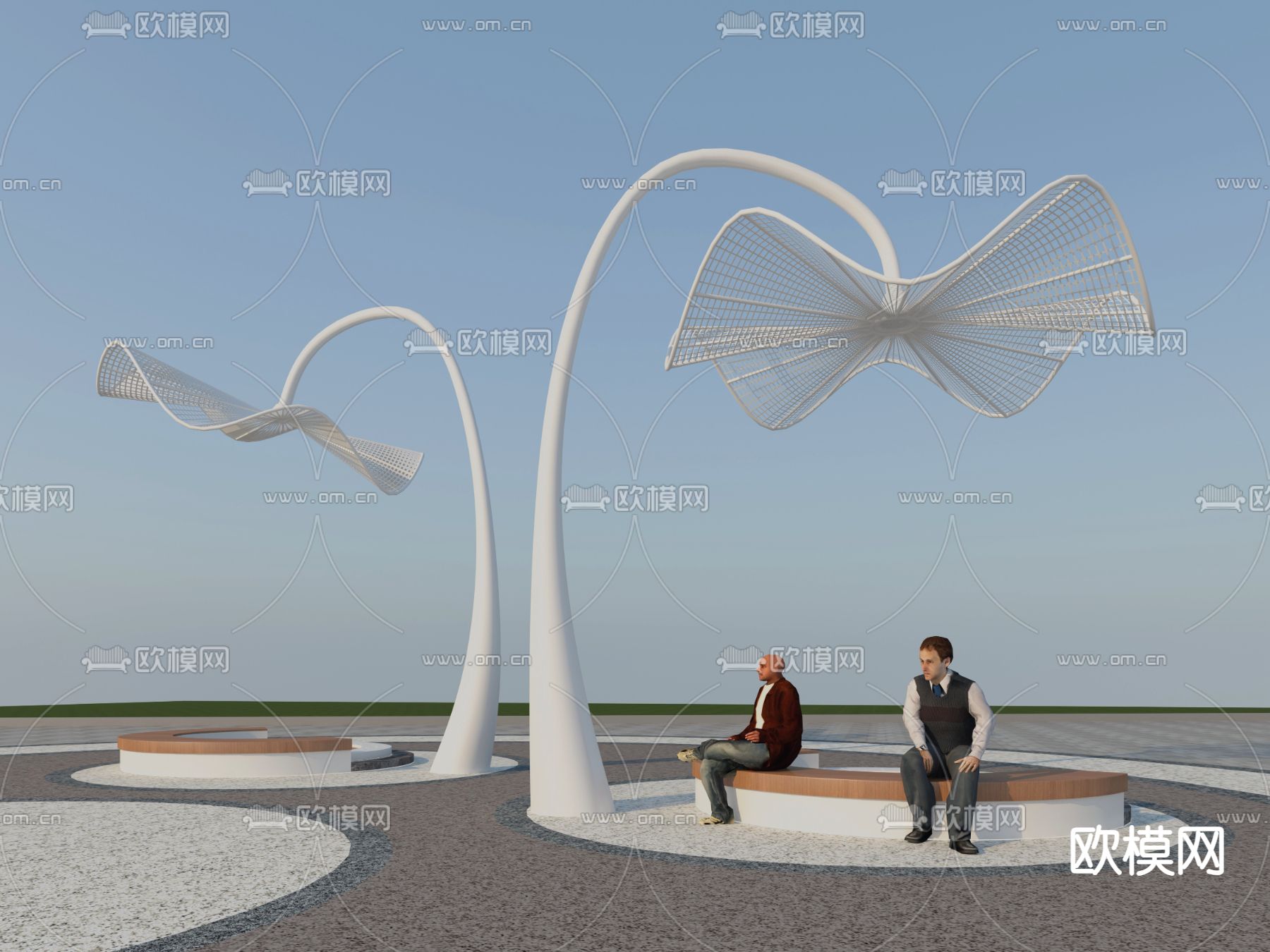 树池坐凳 公共椅 广场遮阳棚3d模型下载（渲染图1）